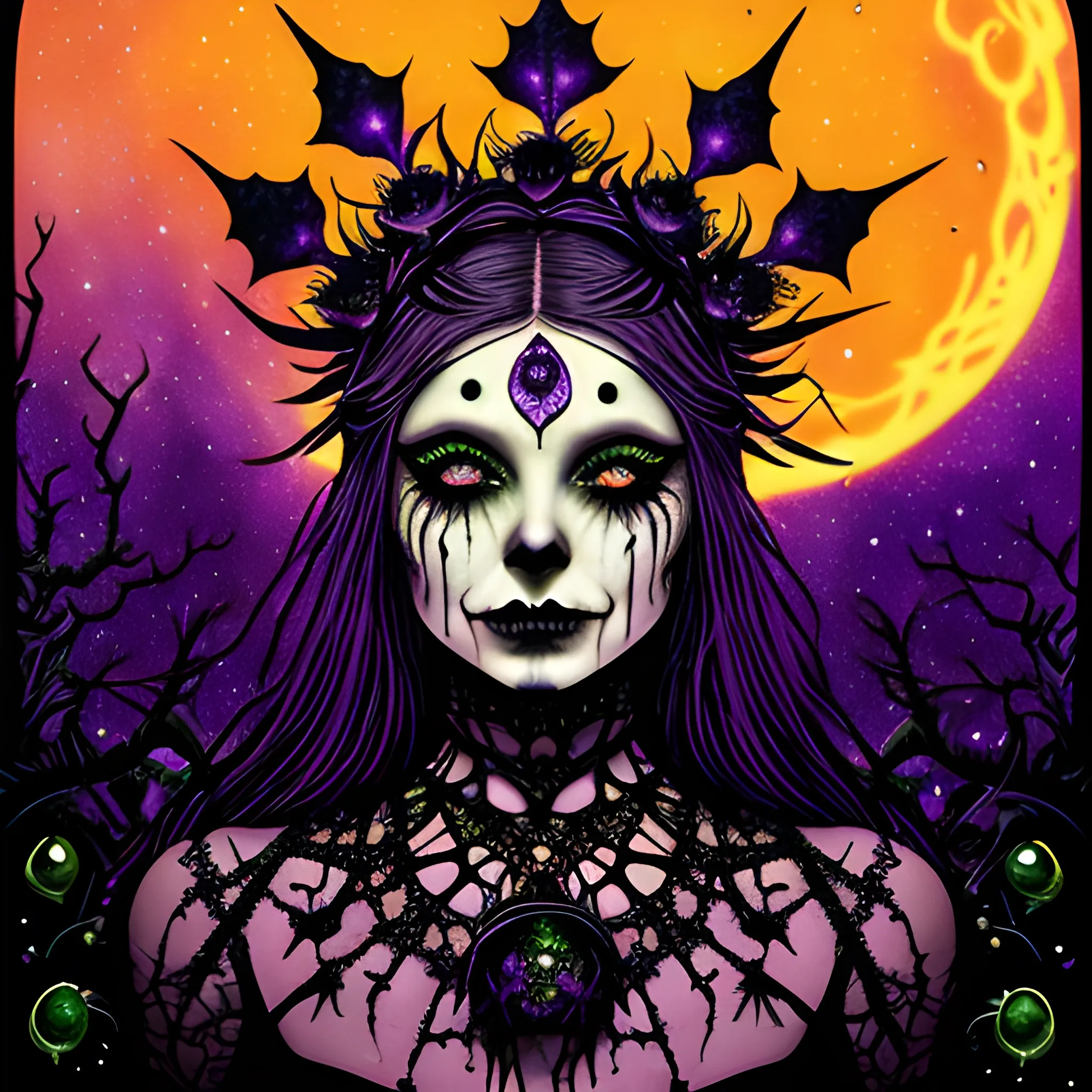 a woman wearing a thorny crown of black roses and weeping black tears, Halloween, bats, full moon in a nebula sky; perfect purple pumpkins, green skulls, orange bats, magic, candles, cobweb, spider, neon spray paint, acrylic paint, fantastical surrealist world, in the style of Stephen Gammell, extremely detailed Zentangle style, sick, gothic, eldritch, glitter, luminous color sparkles, dayglo orange, neon grape purple, chartreuse green, Halloween; Nyx Goddess of the Night with a crescent moon and many stars in the style of Maxfield Parrish, starry night, James R. Eads