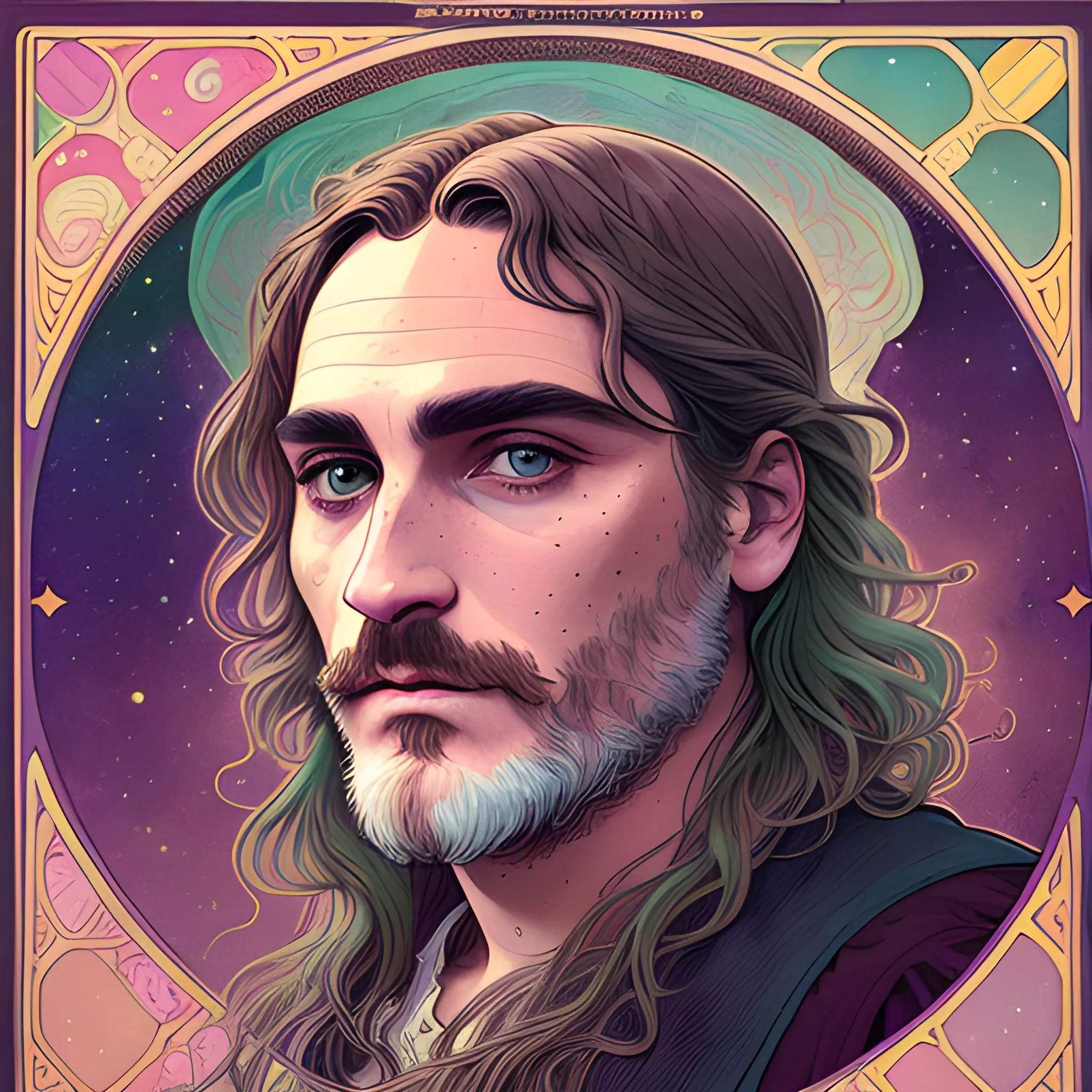 Joaquin Phoenix, his highly detailed, softly freckled handsome face, his clean, clear lavender-green eyes, meticulously detailed, multi-hued, long dark hair; hippie, fullmoon in a nebula sky, clouds; fantasy, Vintage Art, 8k resolution art Nouveau poster; Alphonse Mucha, Artgerm, WLOP, Illustration intricately detailed, trending on Artstation, Renaissance, triadic colors, Chromolithography Soft Shading