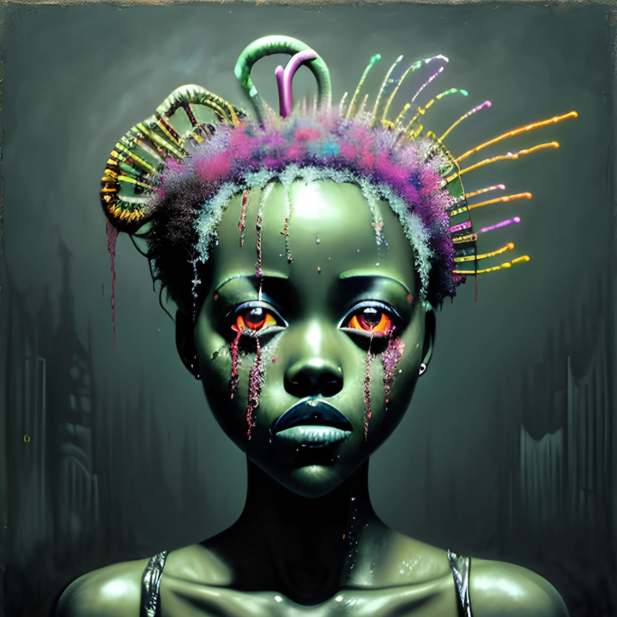  Masterpiece, scenic; Lupita Nyong'o; neon spray paint, acrylic paint, fantastical surrealist world, in the style of Stephen Gammell and Shawn Coss, extremely detailed, sick, gothic, eldritch