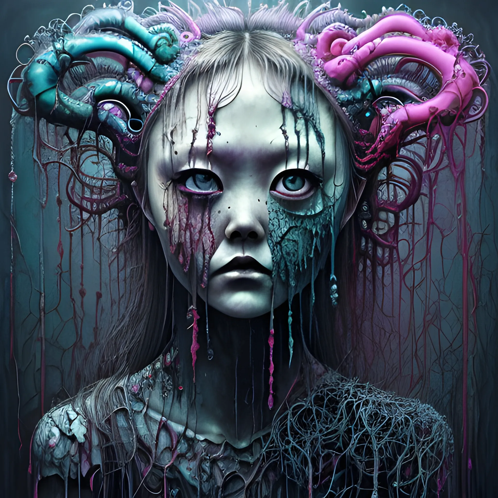  Masterpiece, scenic; Devon Aoki; neon spray paint, acrylic paint, fantastical surrealist world, in the style of Stephen Gammell and Shawn Coss, extremely detailed, sick, gothic, eldritch