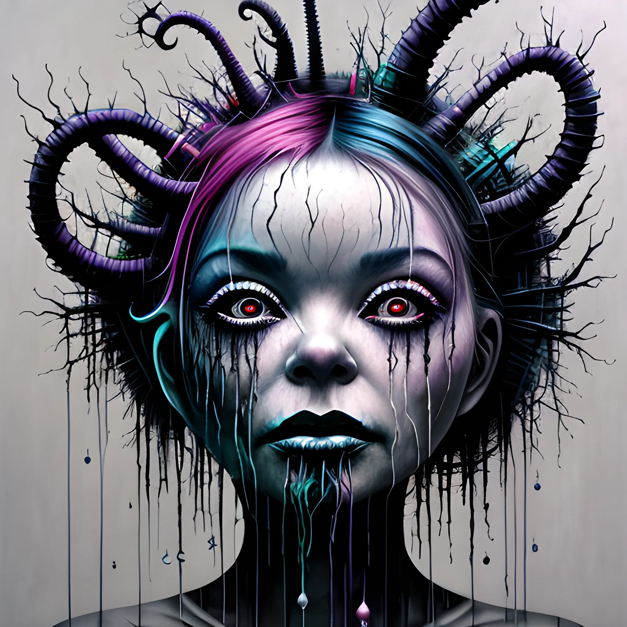  Masterpiece, scenic; Bjork; neon spray paint, acrylic paint, fantastical surrealist world, in the style of Stephen Gammell and Shawn Coss, extremely detailed, sick, gothic, eldritch