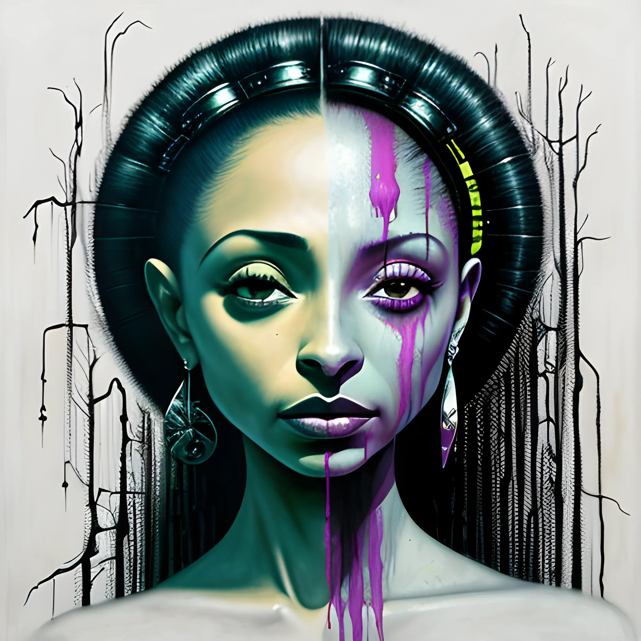  Masterpiece, scenic; Sade Adu; neon spray paint, acrylic paint, fantastical surrealist world, in the style of Stephen Gammell and Shawn Coss, extremely detailed, sick, gothic, eldritch