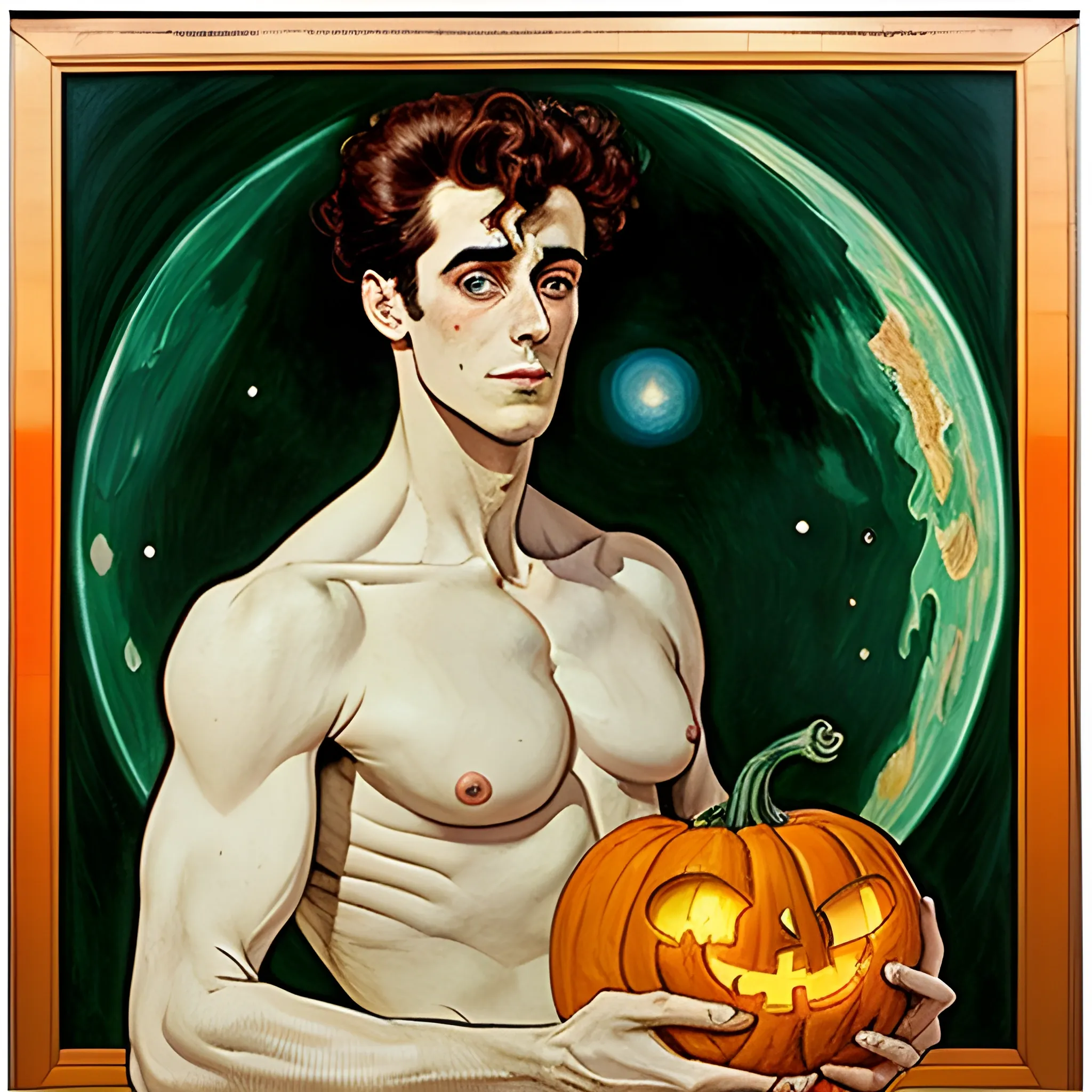 Painting of a handsome young delicate beautiful softly freckled man in his 20s with green eyes and long, curly red hair, at the giant jack o'lantern halloween party; pumpkins, perfect purple pumpkins, green skulls, orange bats, magic, candles, neon spray paint, acrylic paint, fantastical, elegant, stylized art, under a painted nebula sky, full moon; bats, pumpkins, spooky ambiance, Halloween Night art by alphonse mucha, vincent van gogh, egon schiele