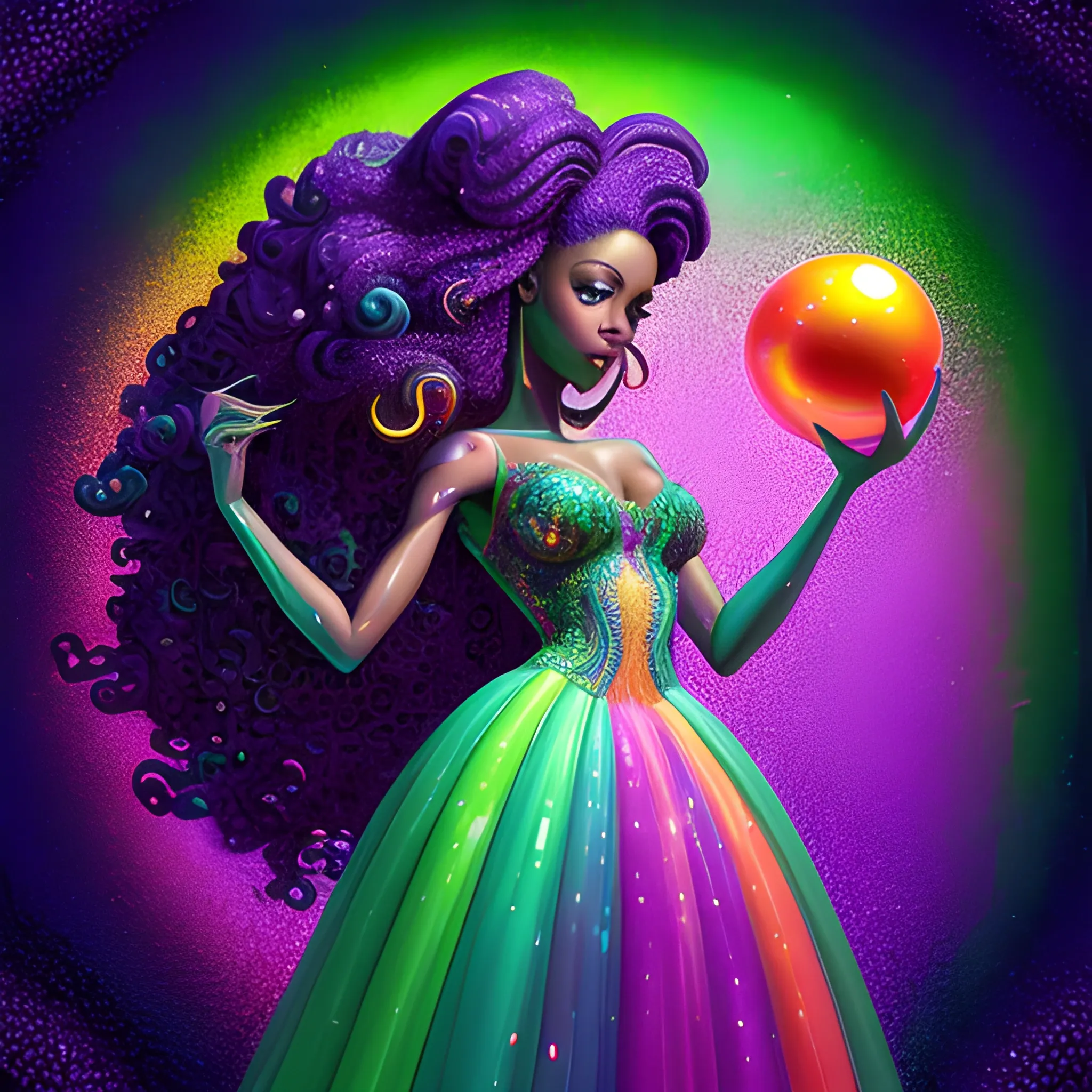 Charlotte Ayanna, perfect, anatomically correct perfect body, highly detailed beautiful face, green midriff dress, meticulously detailed multi-hued long dark curly hair, holding a purple ball in her hand; digital painting, smooth, sharp focus, colorful illustration, art by Lisa Frank, James R. Eads, artgerm and Maxfield Parrish; luminous color sparkles, glitter, neon, airbrush, Unreal Engine 5