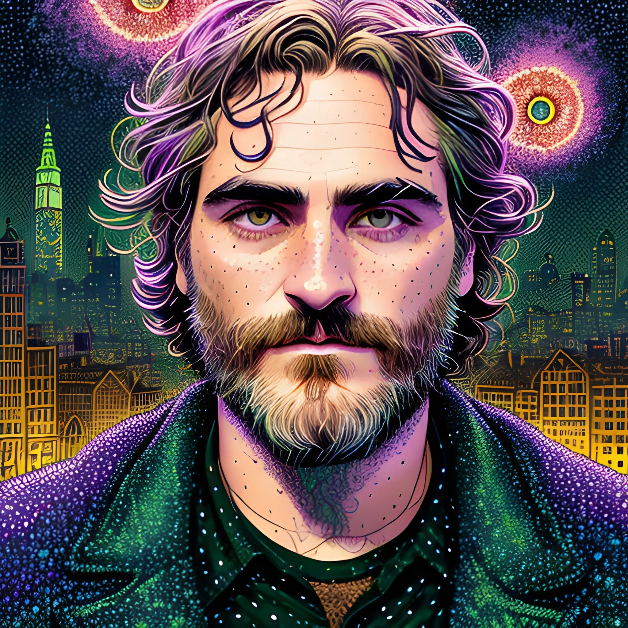 Joaquin Phoenix, his highly detailed, softly freckled handsome face, lavender-green eyes, meticulously detailed long dark hair; by James R. Eads, Fausto-Giurescu, Tania Rivilis, Dan Mumford; luminous colorful sparkles, glitter, airbrush, depth of field, volumetric lighting, downtown