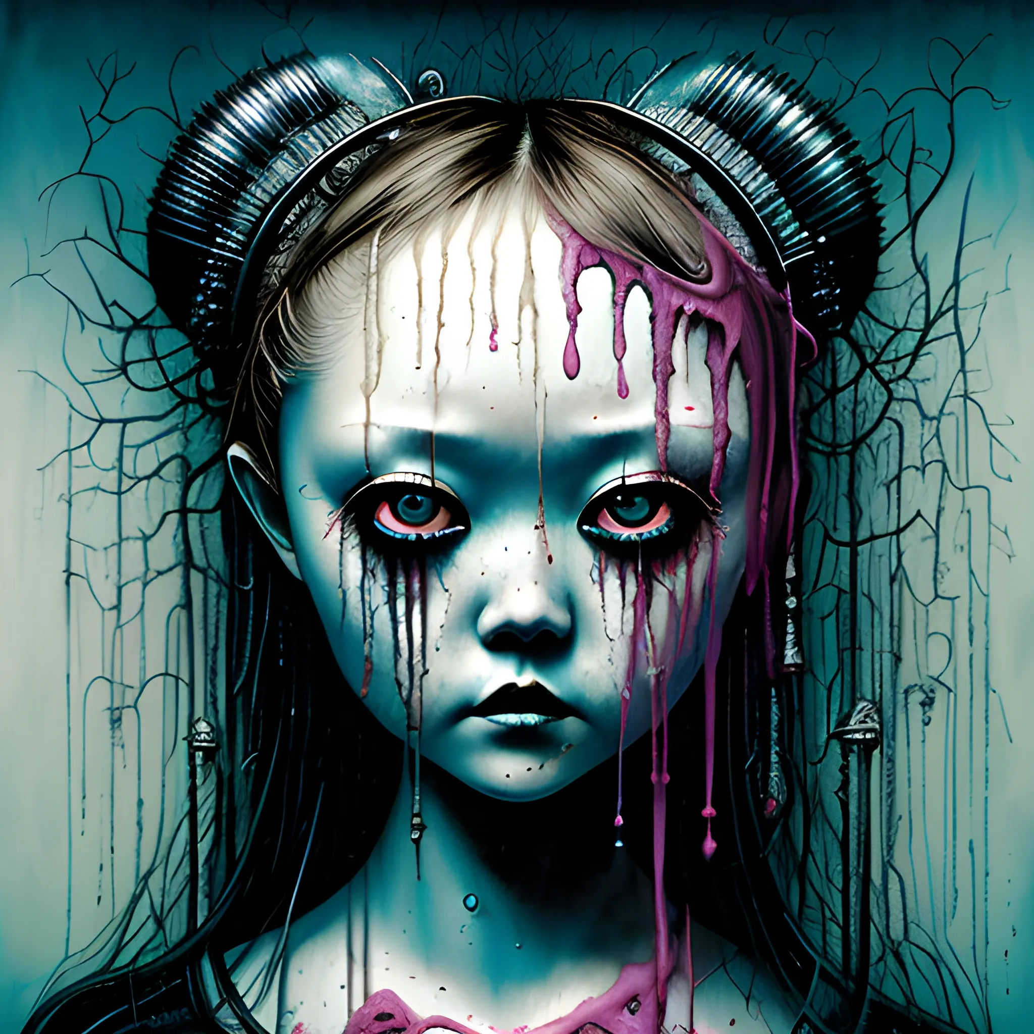  Masterpiece, scenic; Devon Aoki; neon spray paint, acrylic paint, fantastical surrealist world, in the style of Stephen Gammell and Shawn Coss, extremely detailed, sick, gothic, eldritch