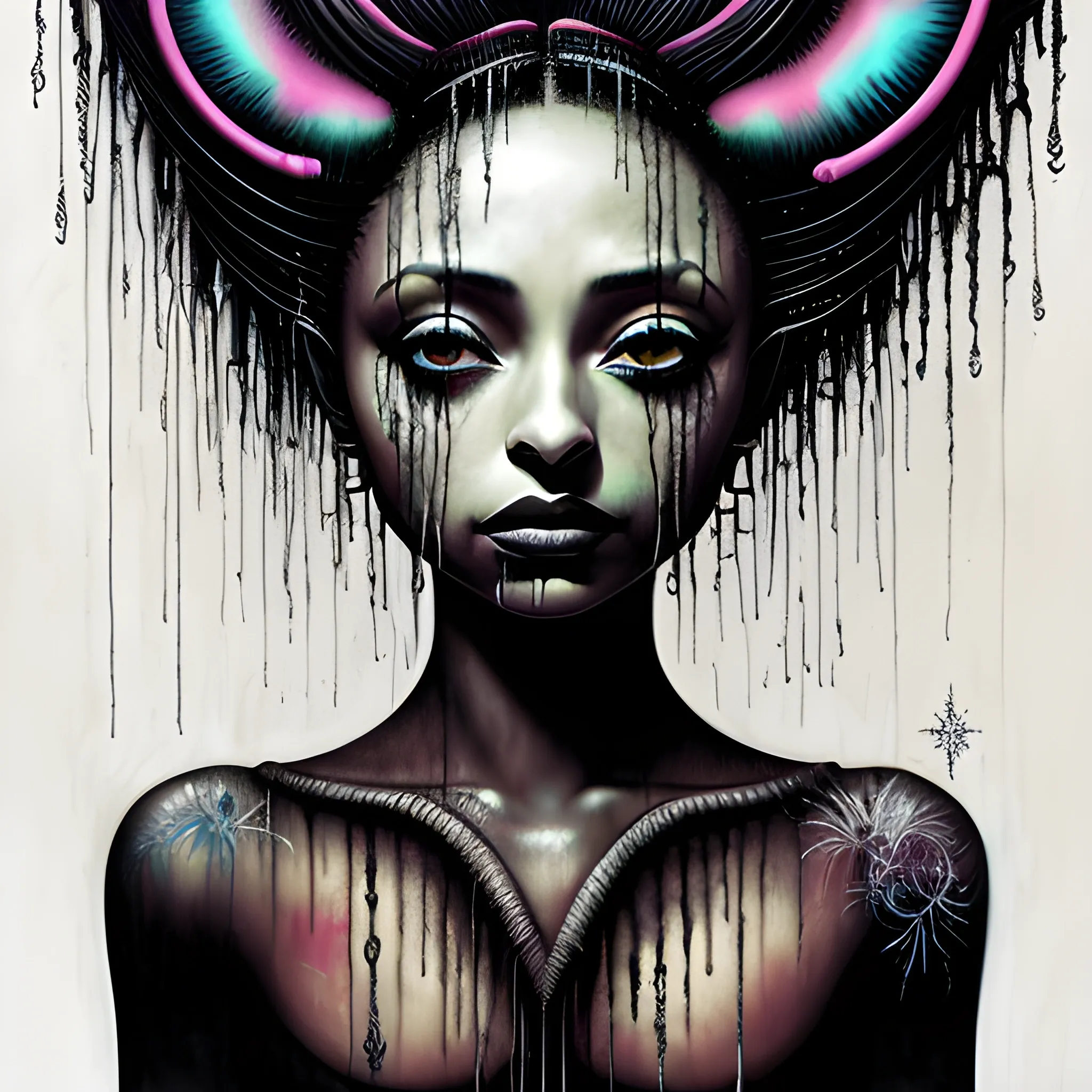  Masterpiece, scenic; Sade Adu; neon spray paint, acrylic paint, fantastical surrealist world, in the style of Stephen Gammell and Shawn Coss, extremely detailed, sick, gothic, eldritch