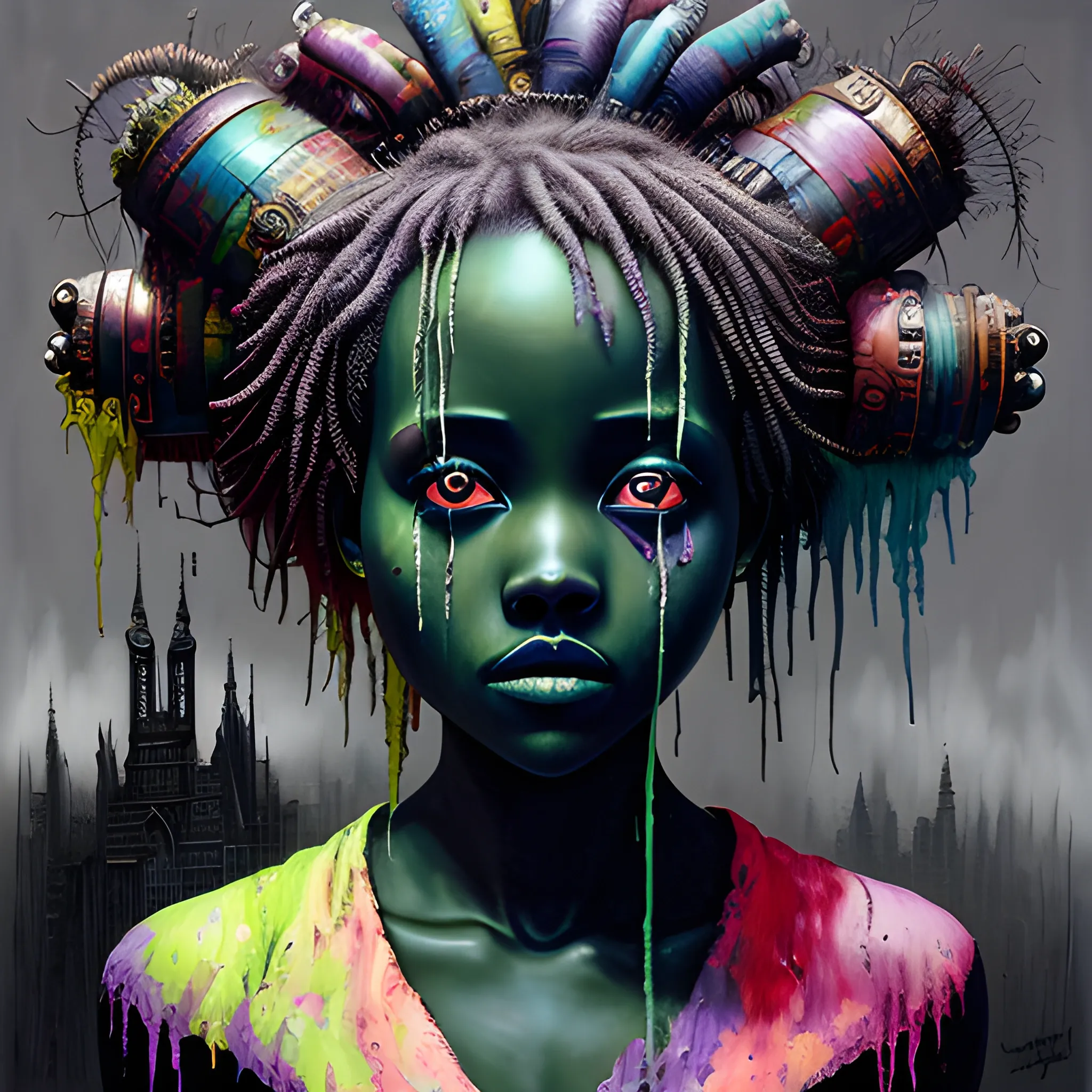  Masterpiece, scenic; Lupita Nyong'o; neon spray paint, acrylic paint, fantastical surrealist world, in the style of Stephen Gammell and Shawn Coss, extremely detailed, sick, gothic, eldritch