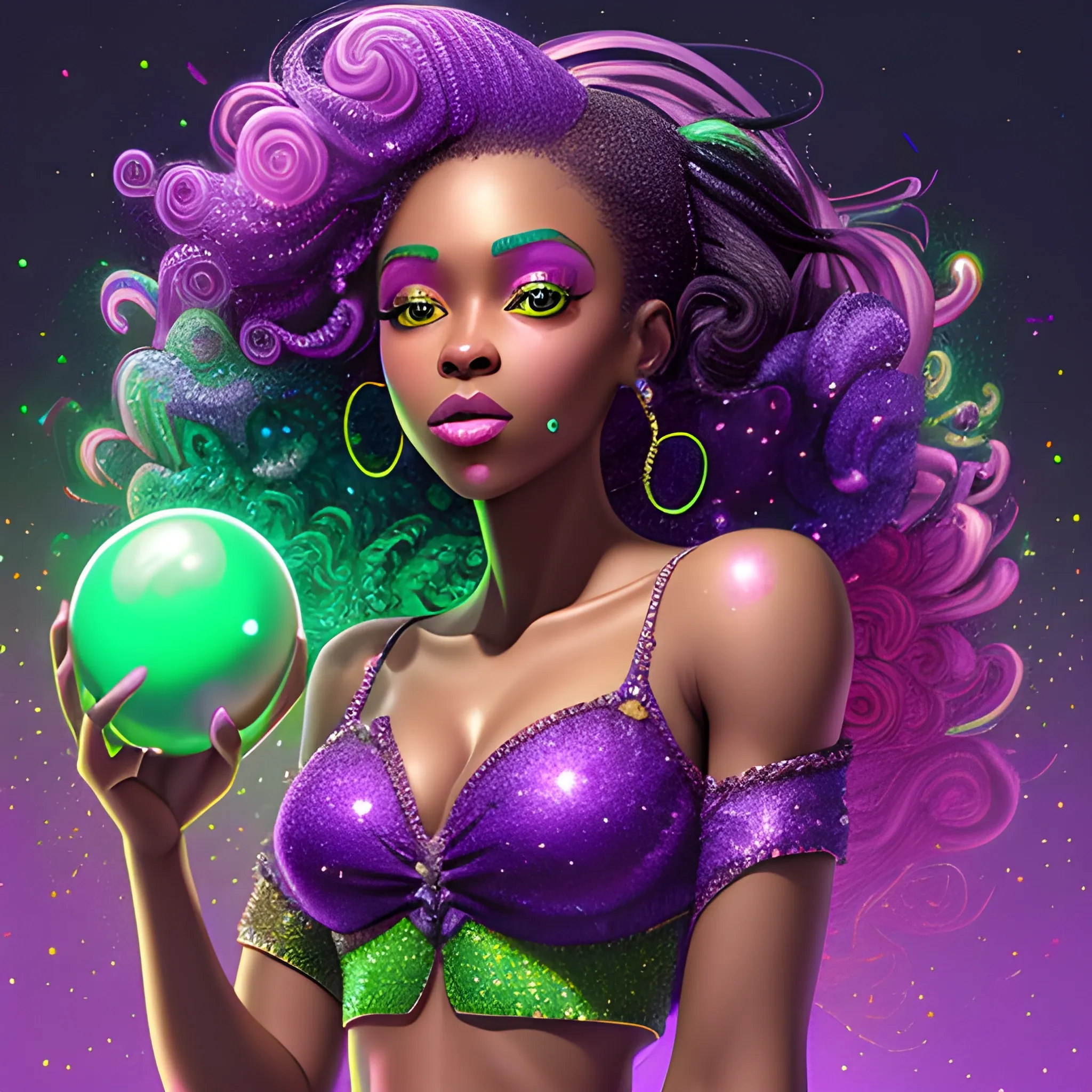 Charlotte Ayanna, perfect, anatomically correct perfect body, highly detailed beautiful face, green midriff dress, meticulously detailed multi-hued long dark curly hair, holding a purple ball in her hand; digital painting, smooth, sharp focus, colorful illustration, art by Lisa Frank, James R. Eads, artgerm and Maxfield Parrish; luminous color sparkles, glitter, neon, airbrush, Unreal Engine 5