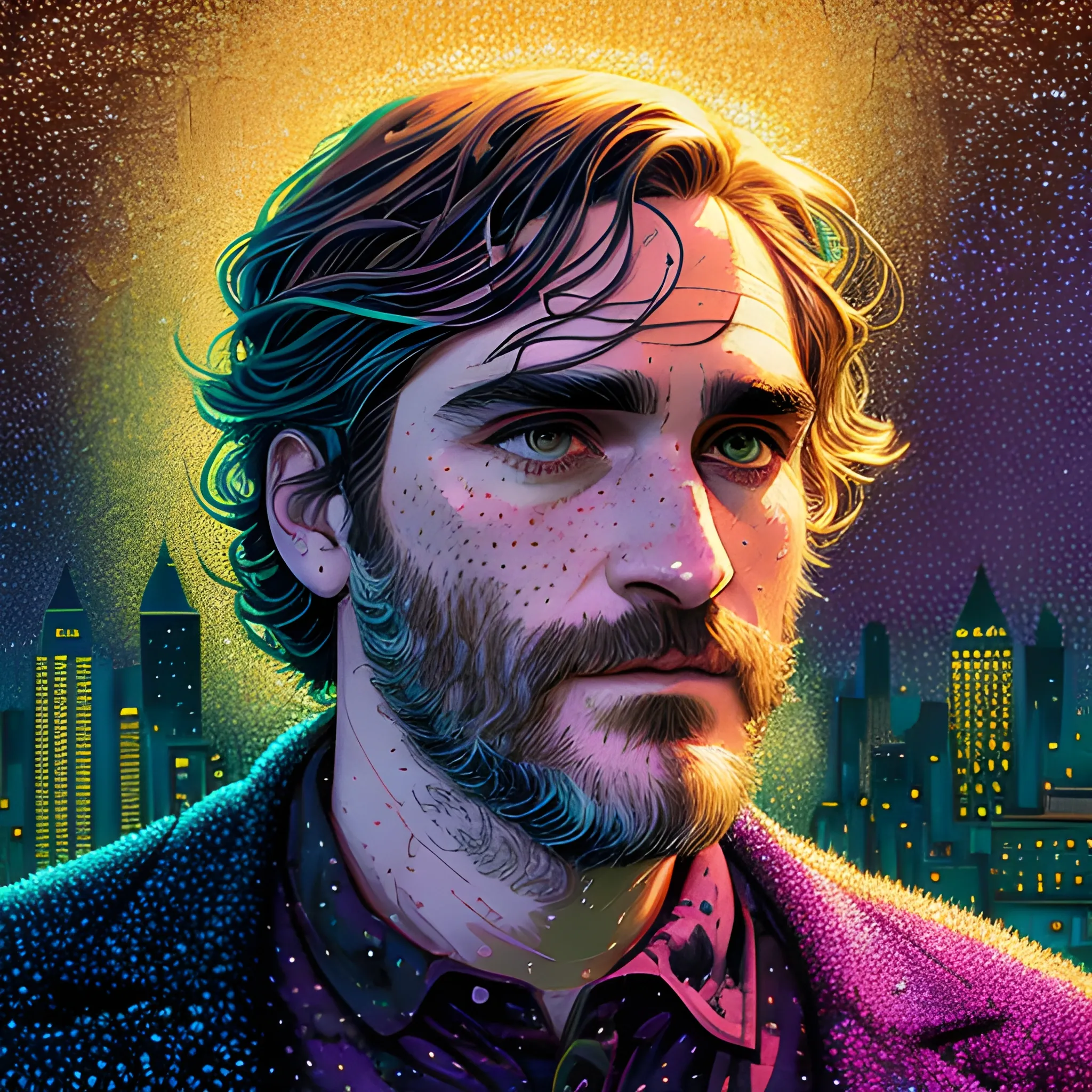 Joaquin Phoenix, his highly detailed, softly freckled handsome face, lavender-green eyes, meticulously detailed long dark hair; by James R. Eads, Fausto-Giurescu, Tania Rivilis, Dan Mumford; luminous colorful sparkles, glitter, airbrush, depth of field, volumetric lighting, downtown