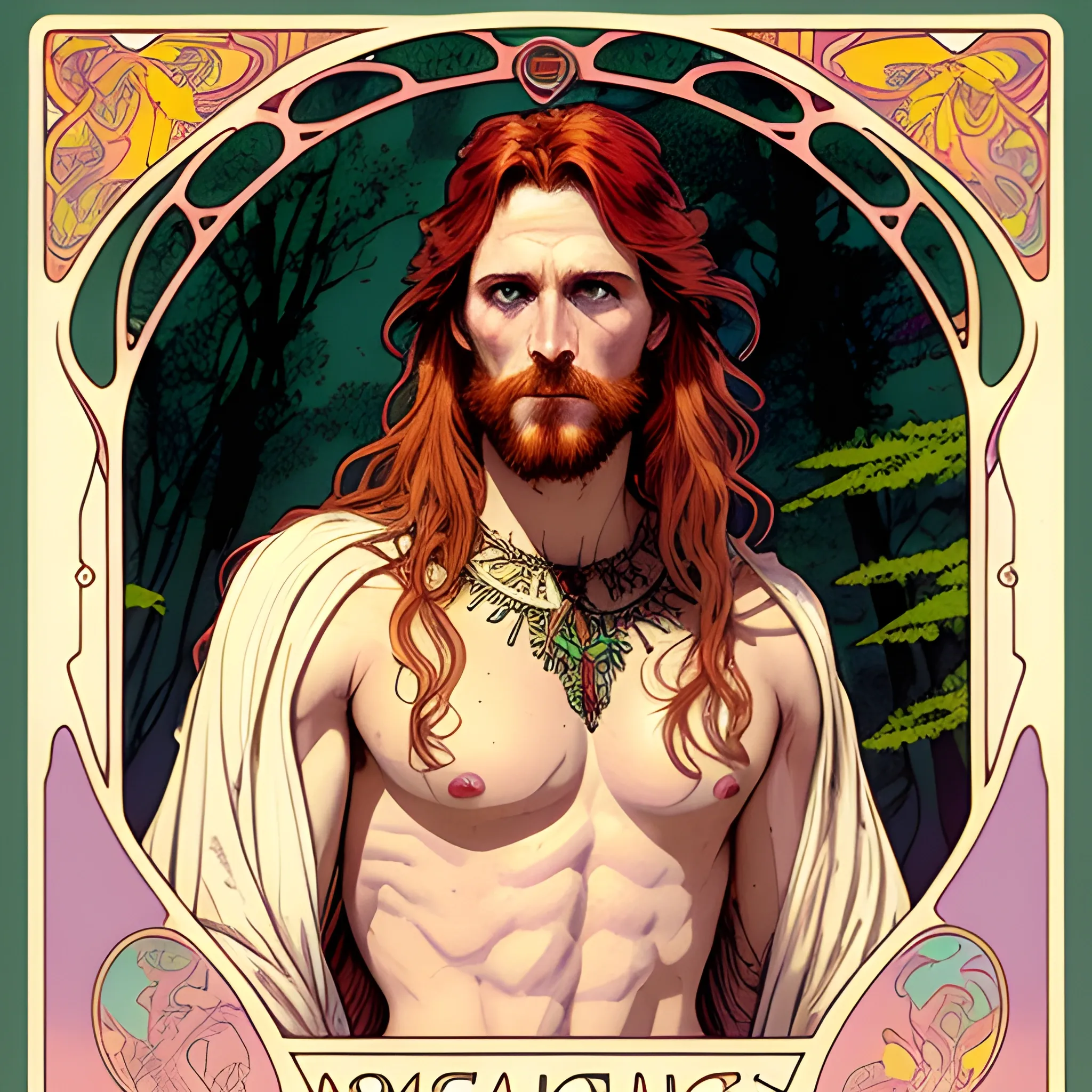 young Malachai of the Corn, his highly detailed, softly freckled handsome face, his clean, clear eyes, meticulously detailed, multi-hued, long red hair; hippie, pirate, he gazes far-away to the forest; pink, yellow, across a misty pastel-colored landscape, clouds; fantasy, Vintage Art, 8k resolution art Nouveau poster; Alphonse Mucha, Artgerm, WLOP, Illustration intricately detailed, trending on Artstation, Renaissance, triadic colors, Chromolithography Soft Shading