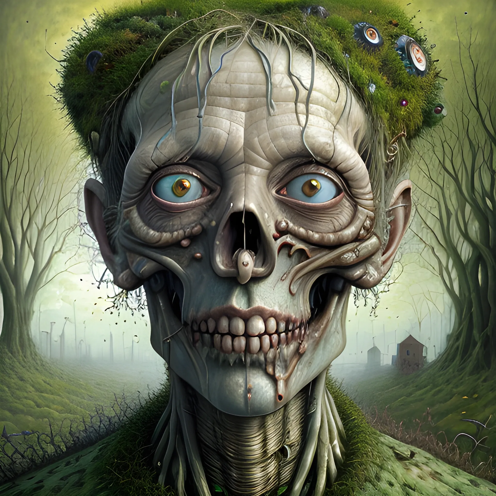 A hyperreal oil painting of a decayed zombie head, bulging eyes, rotten green skin, grey beard, blue veins, moss ivy hair skull, octane render; gediminas pranckevicius, volumetric light 2, laurie lipton, minarets, fantasy, high definition, acrylic art, intricately detailed, Jacek Yerka, Peter Gric, Hundertwasser