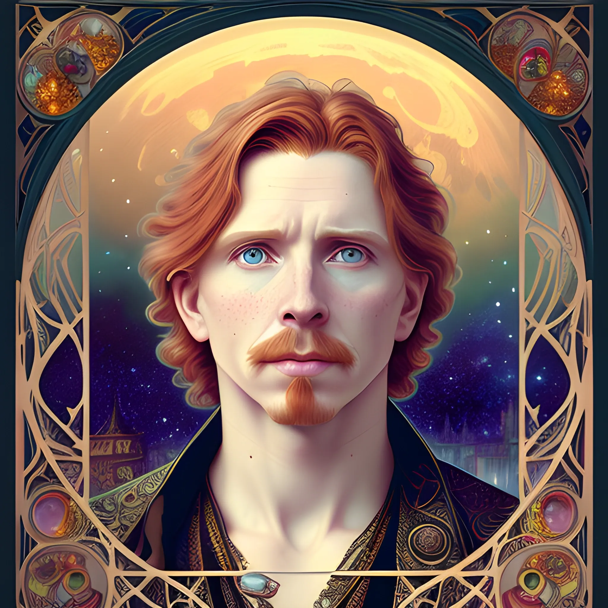 finely detailed eyes, male actor Courtney Gains, the man's hyperdetailed, softly freckled face, his clean, clear, detailed green eyes, meticulously detailed, multi-hued, long red hair; cityscape, full smooth moon in a nebula sky, clouds; fantasy, Vintage Art, 16k resolution art Nouveau poster; Alphonse Mucha, WLOP, Illustration intricately detailed, Renaissance, Chromolithography Soft Shading; ethereal fantasy maximalist matte painting. Catherine Abel, and James R. Eads, realistic oil painting. Victorian era, glitter, old fashioned, vintage, antique, renaissance, gothic, eldritch, highly intricate, sophisticated and complex digital painting, concept art, hyperrealism, Cinema 4D, 8k resolution, 64 megapixels, CGSociety, ZBrushCentral, behance HD, hypermaximalist, male, man