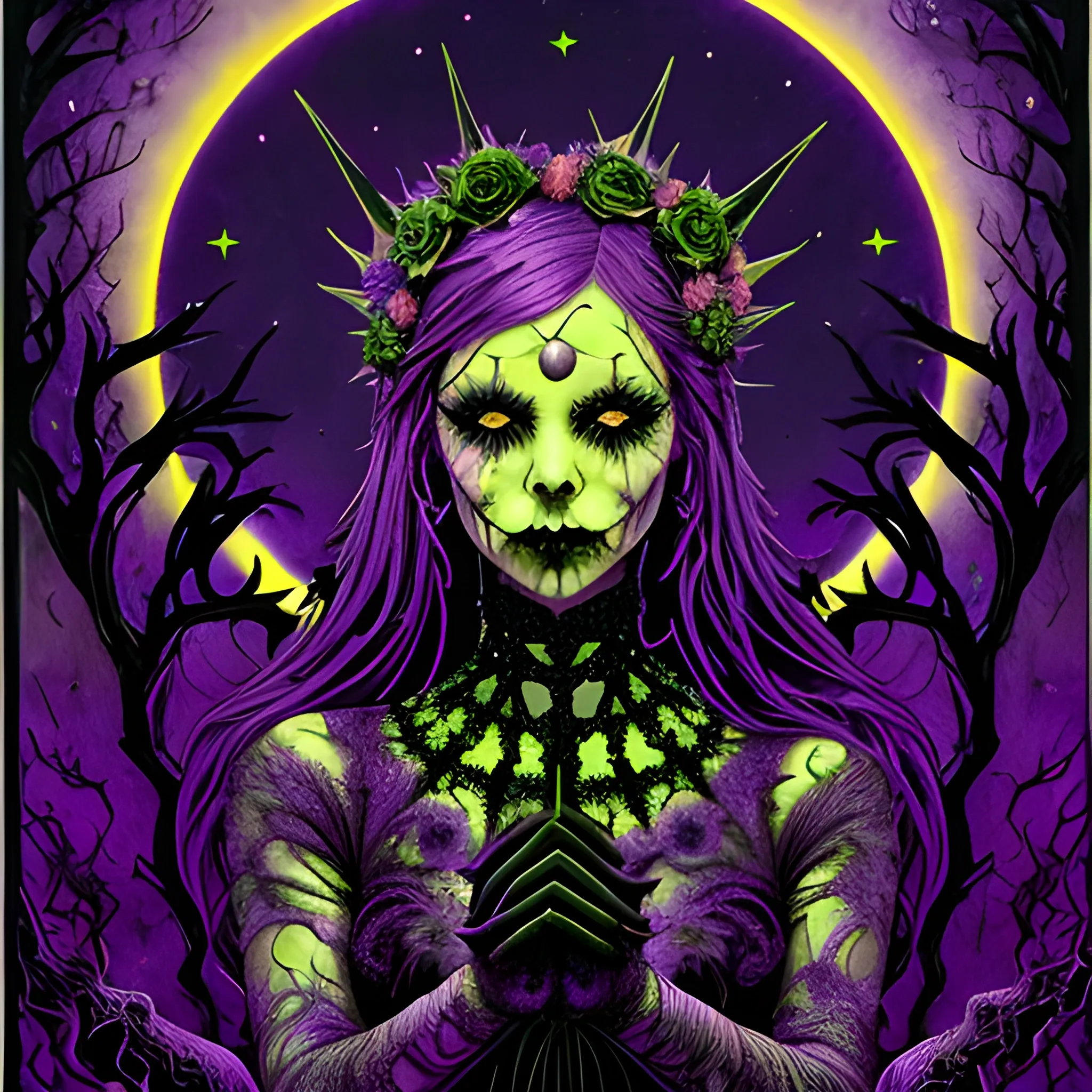 a woman wearing a thorny crown of black roses and weeping black tears, Halloween, bats, full moon in a nebula sky; perfect purple pumpkins, green skulls, orange bats, magic, candles, cobweb, spider, neon spray paint, acrylic paint, fantastical surrealist world, in the style of Stephen Gammell, extremely detailed Zentangle style, sick, gothic, eldritch, glitter, luminous color sparkles, dayglo orange, neon grape purple, chartreuse green, Halloween; Nyx Goddess of the Night with a crescent moon and many stars in the style of Maxfield Parrish, starry night, James R. Eads