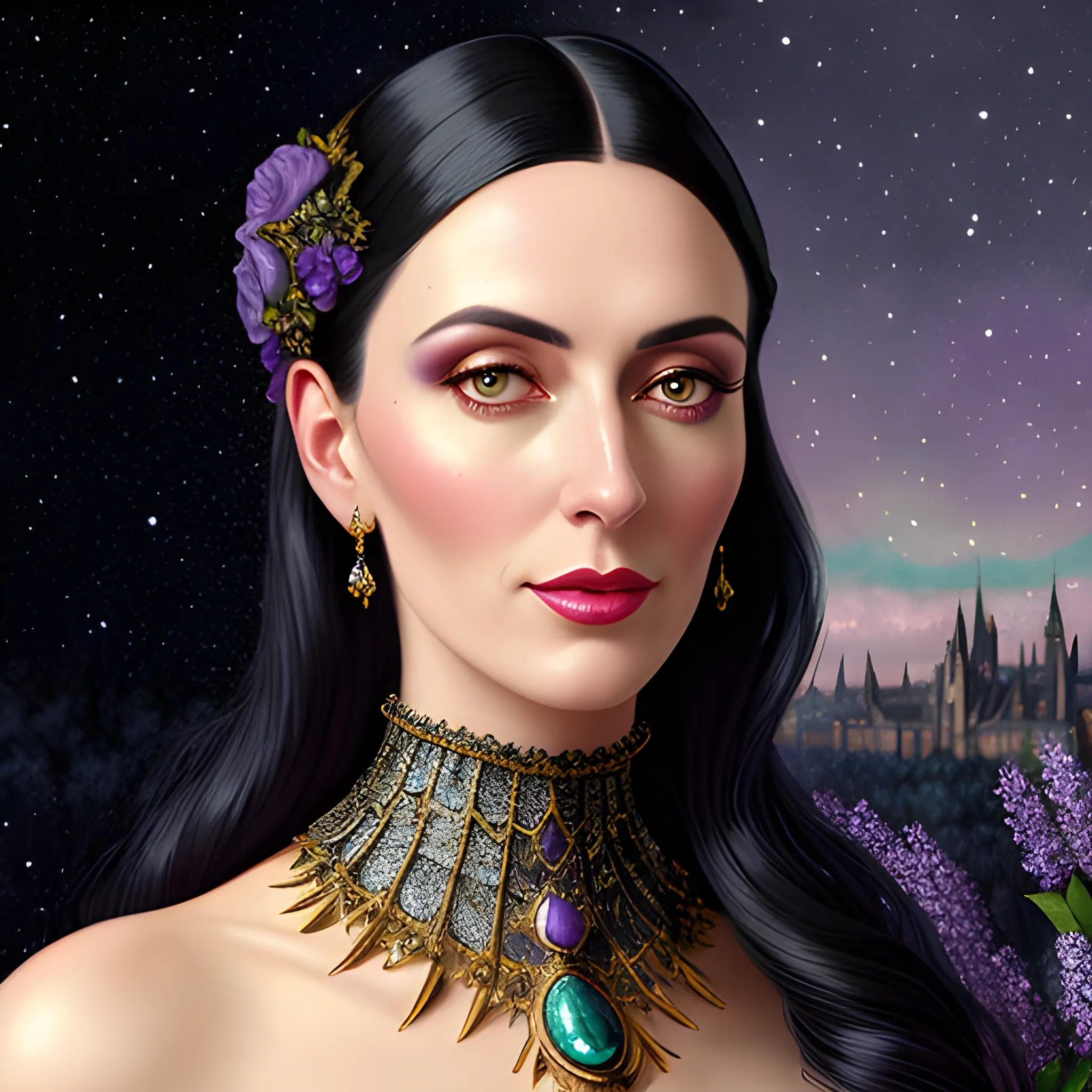 Lilac Princess, beautiful woman wears a lavender sequined dress. She has long, sleek black hair, and stands in front of lilac bushes. Her features are symmetrical, lovely, and anatomically correct. She wears amethyst jewelry. Lips are soft, in a slight smile; behind her a cityscape, and full smooth moon in a nebula sky, clouds; fantasy, Vintage Art, 16k resolution, intricately detailed, Renaissance, Chromolithography Soft Shading; ethereal fantasy, realistic oil painting. Victorian era, glitter, old fashioned, vintage, antique, renaissance, gothic, eldritch, highly intricate, sophisticated and complex digital painting, concept art, hyperrealism, Cinema 4D, 8k resolution, 64 megapixels, CGSociety, ZBrushCentral, behance HD, hypermaximalist, parallax
