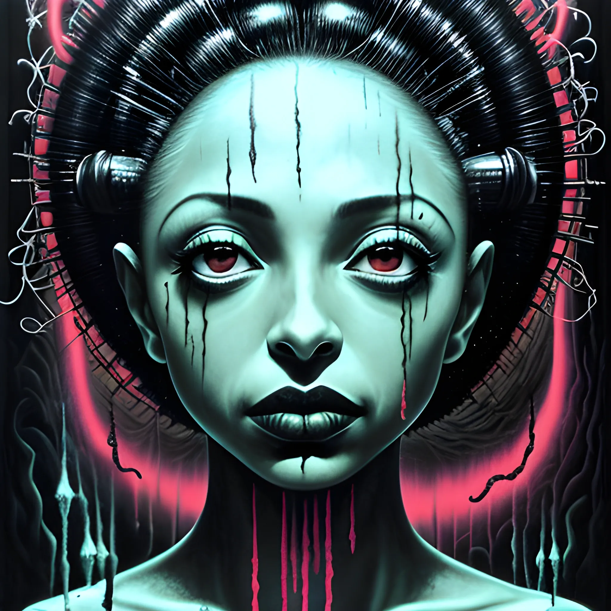  Masterpiece, scenic; Sade Adu; neon spray paint, acrylic paint, fantastical surrealist world, in the style of Stephen Gammell and Shawn Coss, extremely detailed, sick, gothic, eldritch