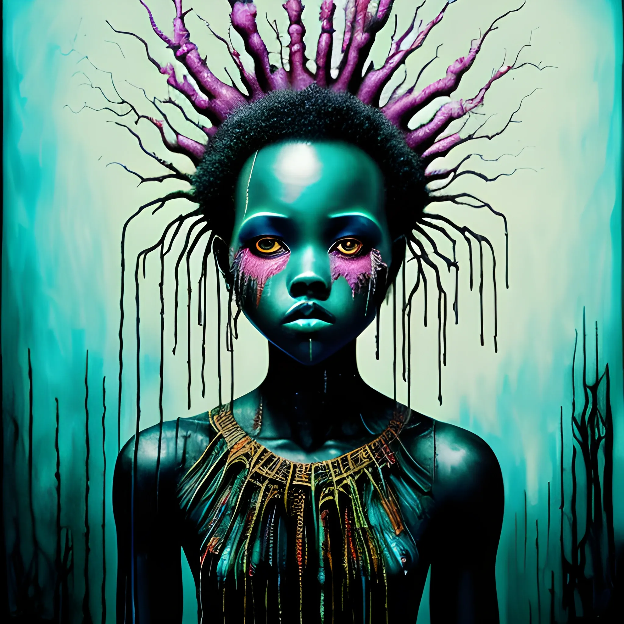  Masterpiece, scenic; Lupita Nyong'o; neon spray paint, acrylic paint, fantastical surrealist world, in the style of Stephen Gammell and Shawn Coss, extremely detailed, sick, gothic, eldritch