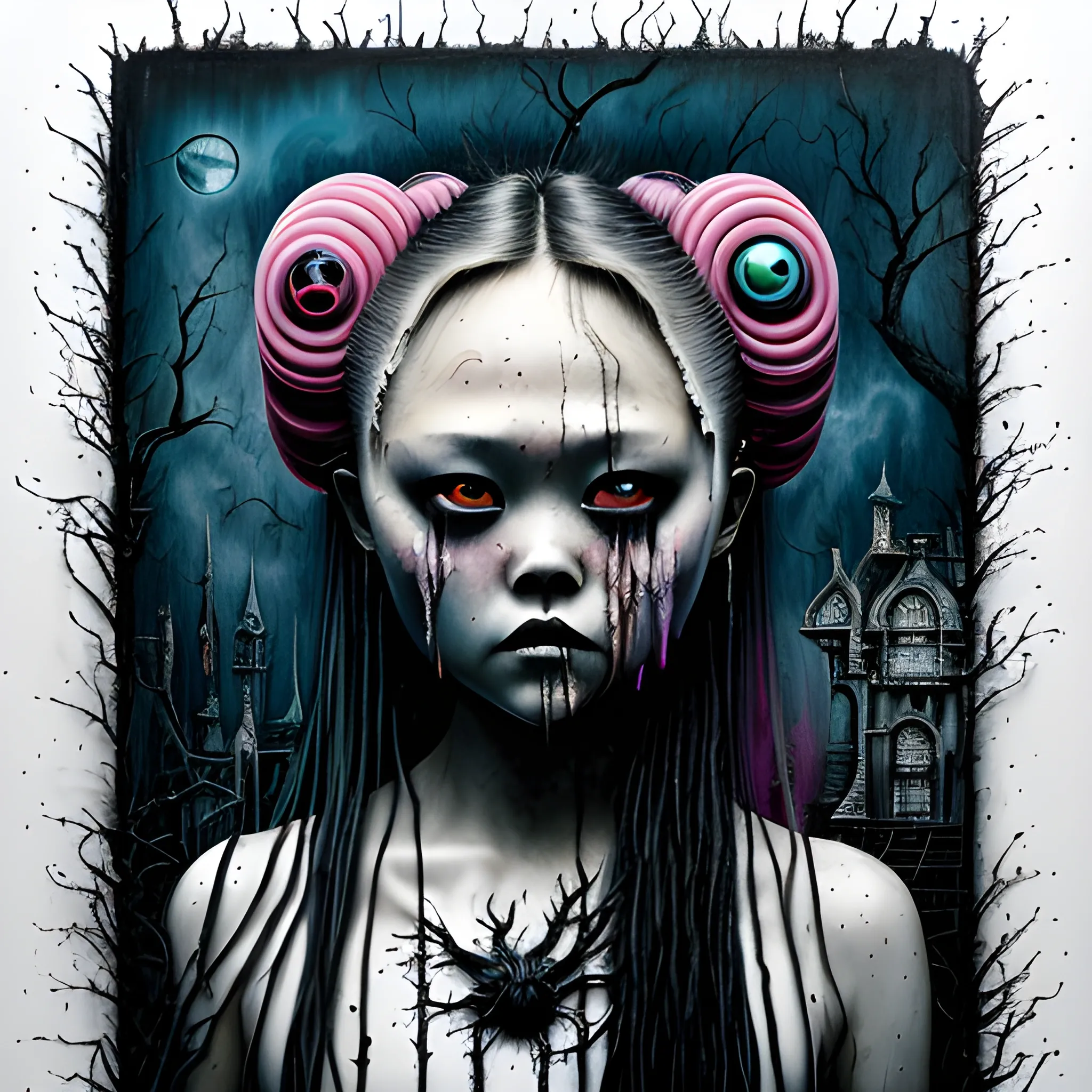  Masterpiece, scenic; Devon Aoki; neon spray paint, acrylic paint, fantastical surrealist world, in the style of Stephen Gammell and Shawn Coss, extremely detailed, sick, gothic, eldritch