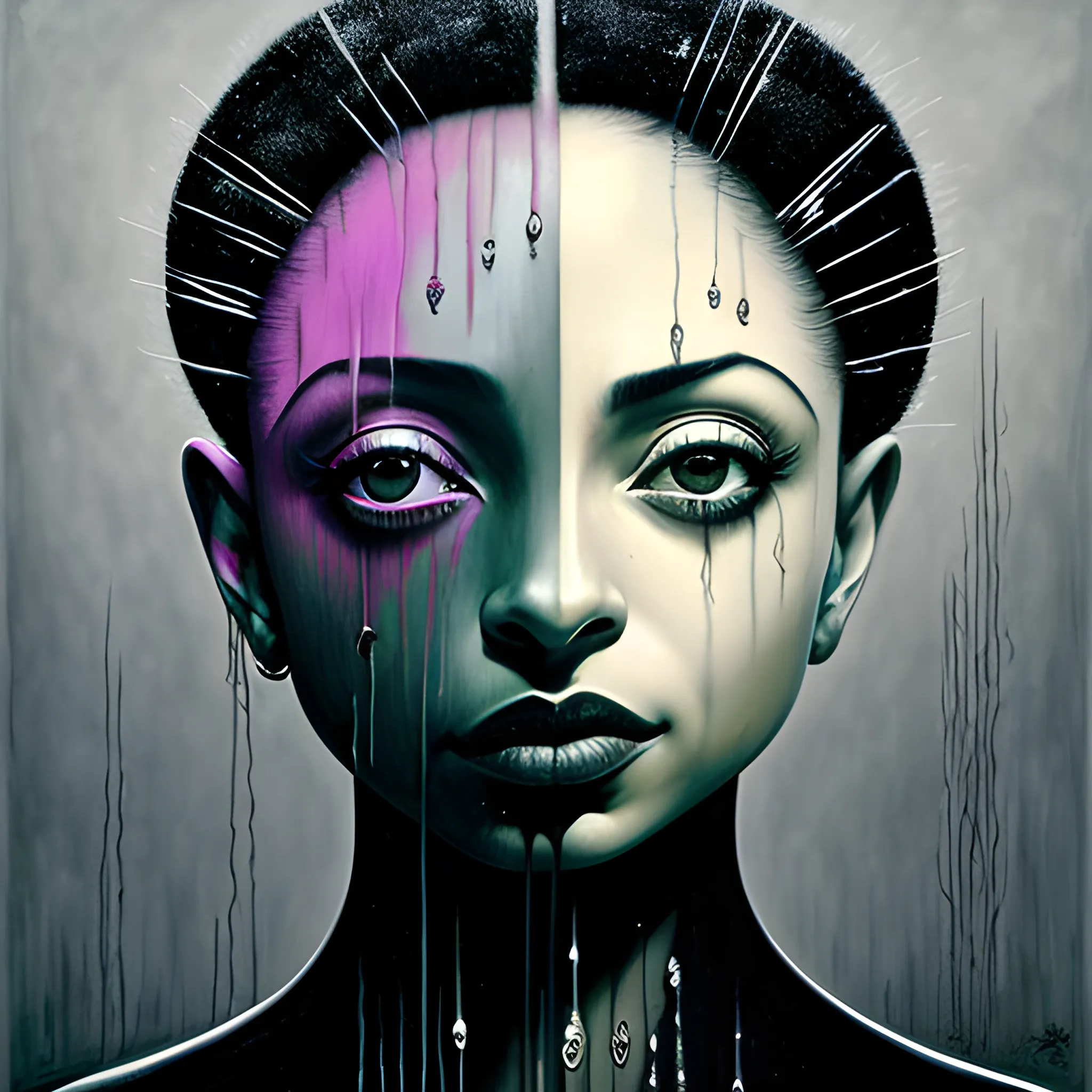  Masterpiece, scenic; Sade Adu; neon spray paint, acrylic paint, fantastical surrealist world, in the style of Stephen Gammell and Shawn Coss, extremely detailed, sick, gothic, eldritch