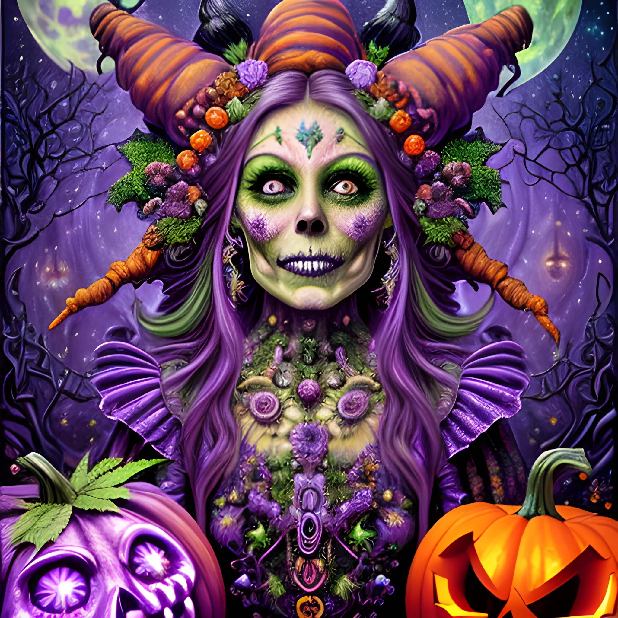  hyperdetailed oil on canvas, a beautiful Halloween Witch, detailed face; orange, green, purple, sparkle fairy dust, glitter, neon grape purple pumpkins, green skulls, orange bats, meticulously detailed; magic, surrounded by luminous color sparkles and marijuana plants, outdoors, starry night, full moon in a psychedelic nebula sky