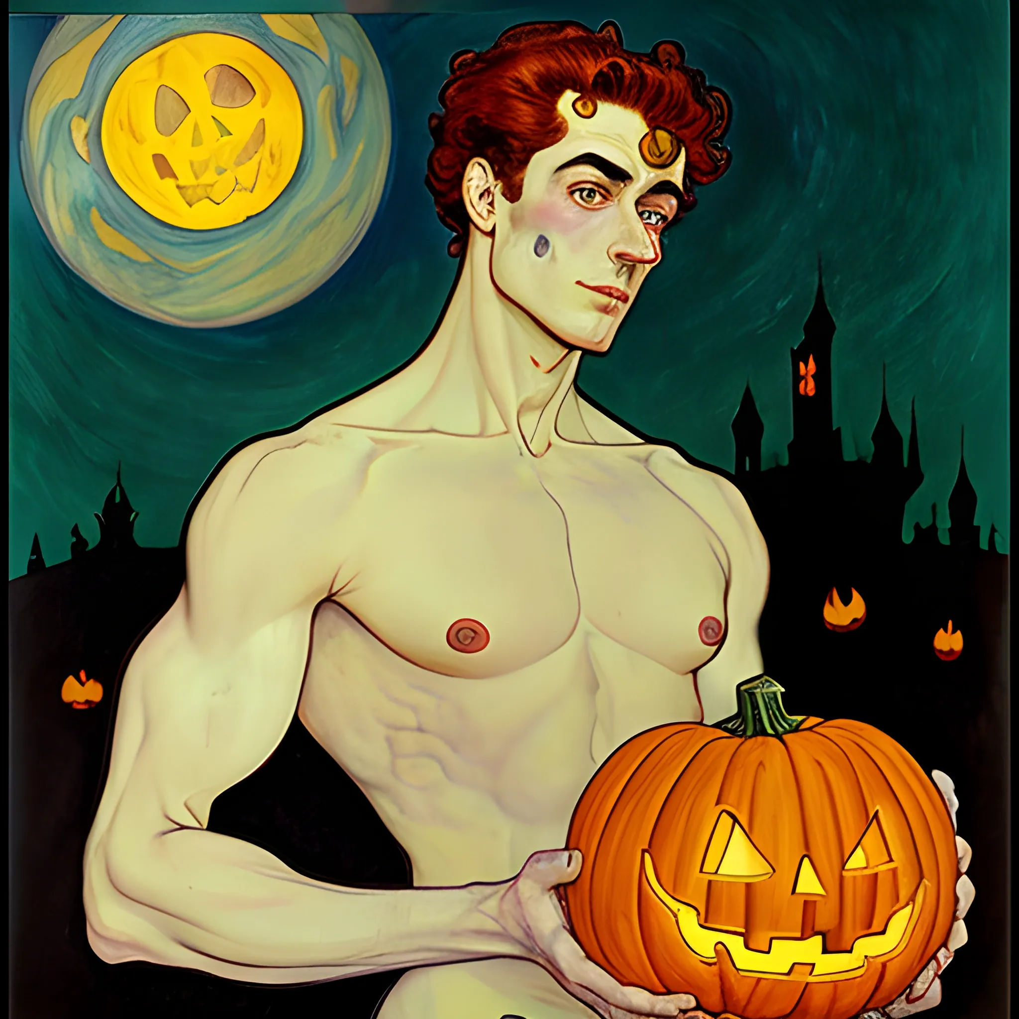 Painting of a handsome young delicate beautiful softly freckled man in his 20s with green eyes and long, curly red hair, at the giant jack o'lantern halloween party; pumpkins, perfect purple pumpkins, green skulls, orange bats, magic, candles, neon spray paint, acrylic paint, fantastical, elegant, stylized art, under a painted nebula sky, full moon; bats, pumpkins, spooky ambiance, Halloween Night art by alphonse mucha, vincent van gogh, egon schiele