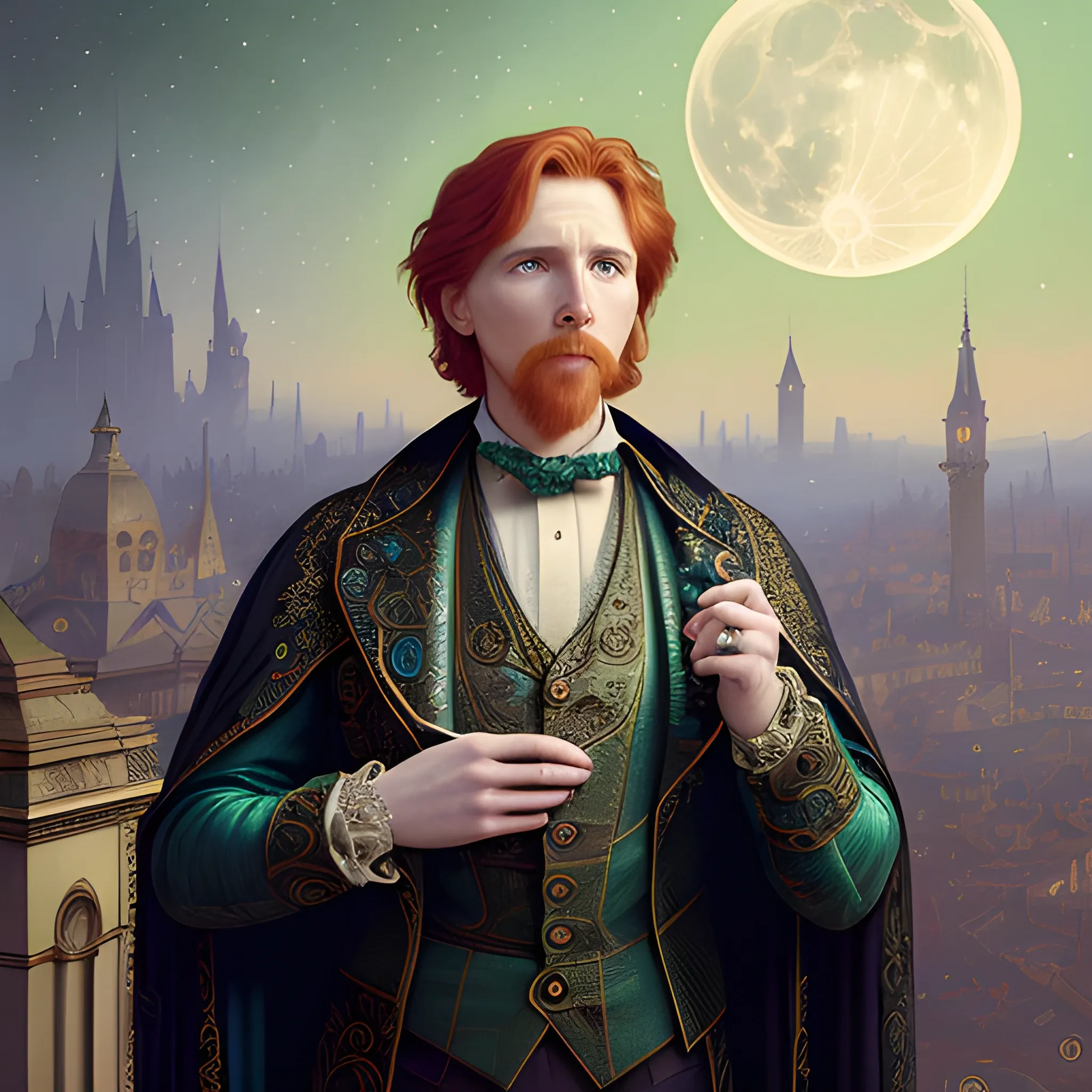 finely detailed eyes, male actor Courtney Gains, the man's hyperdetailed, softly freckled face, his clean, clear, detailed green eyes, meticulously detailed, multi-hued, long red hair; cityscape, full smooth moon in a nebula sky, clouds; fantasy, Vintage Art, 16k resolution art Nouveau poster; Alphonse Mucha, WLOP, Illustration intricately detailed, Renaissance, Chromolithography Soft Shading; ethereal fantasy maximalist matte painting. Catherine Abel, and James R. Eads, realistic oil painting. Victorian era, glitter, old fashioned, vintage, antique, renaissance, gothic, eldritch, highly intricate, sophisticated and complex digital painting, concept art, hyperrealism, Cinema 4D, 8k resolution, 64 megapixels, CGSociety, ZBrushCentral, behance HD, hypermaximalist, male, man