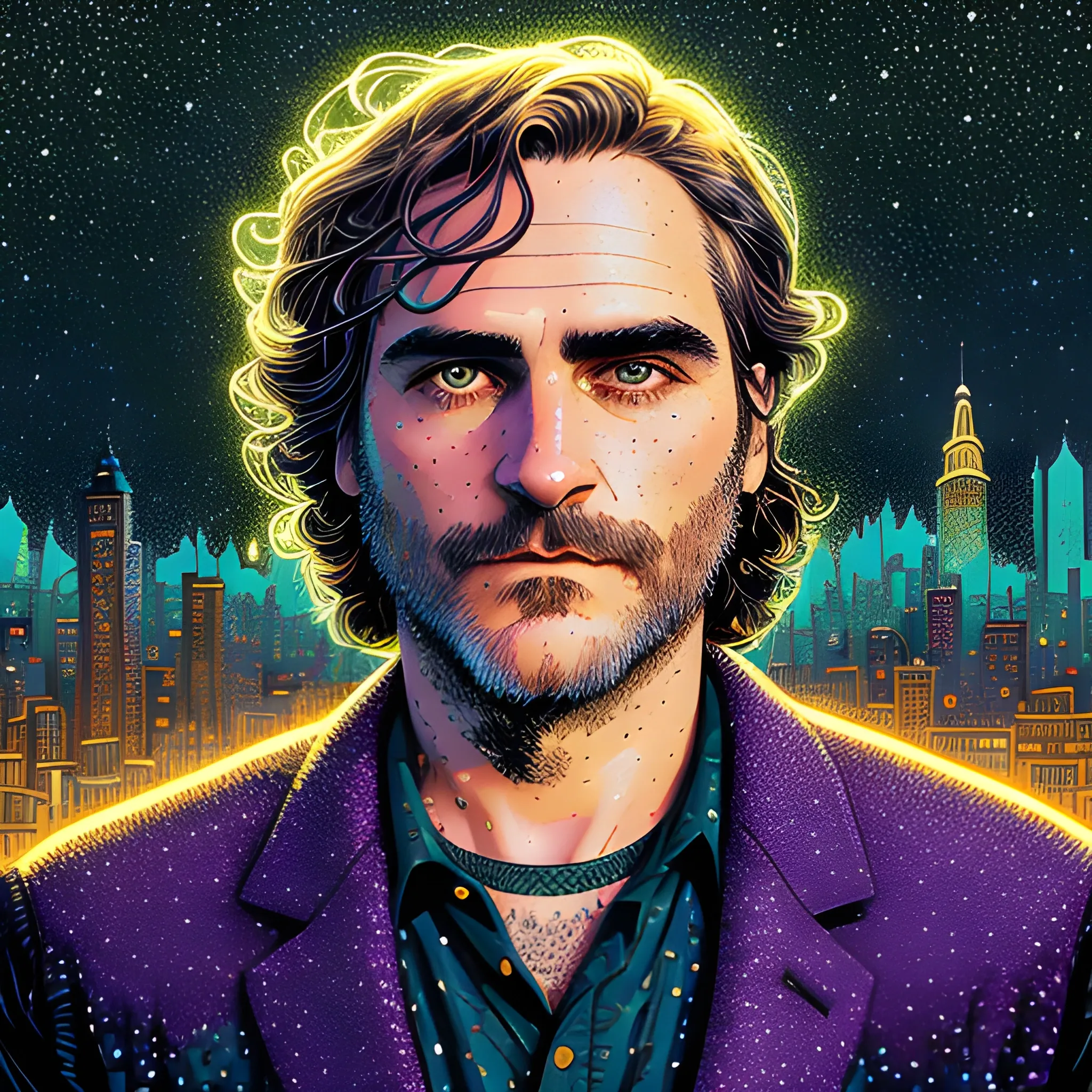 Joaquin Phoenix, his highly detailed, softly freckled handsome face, lavender-green eyes, meticulously detailed long dark hair; by James R. Eads, Fausto-Giurescu, Tania Rivilis, Dan Mumford; luminous colorful sparkles, glitter, airbrush, depth of field, volumetric lighting, downtown