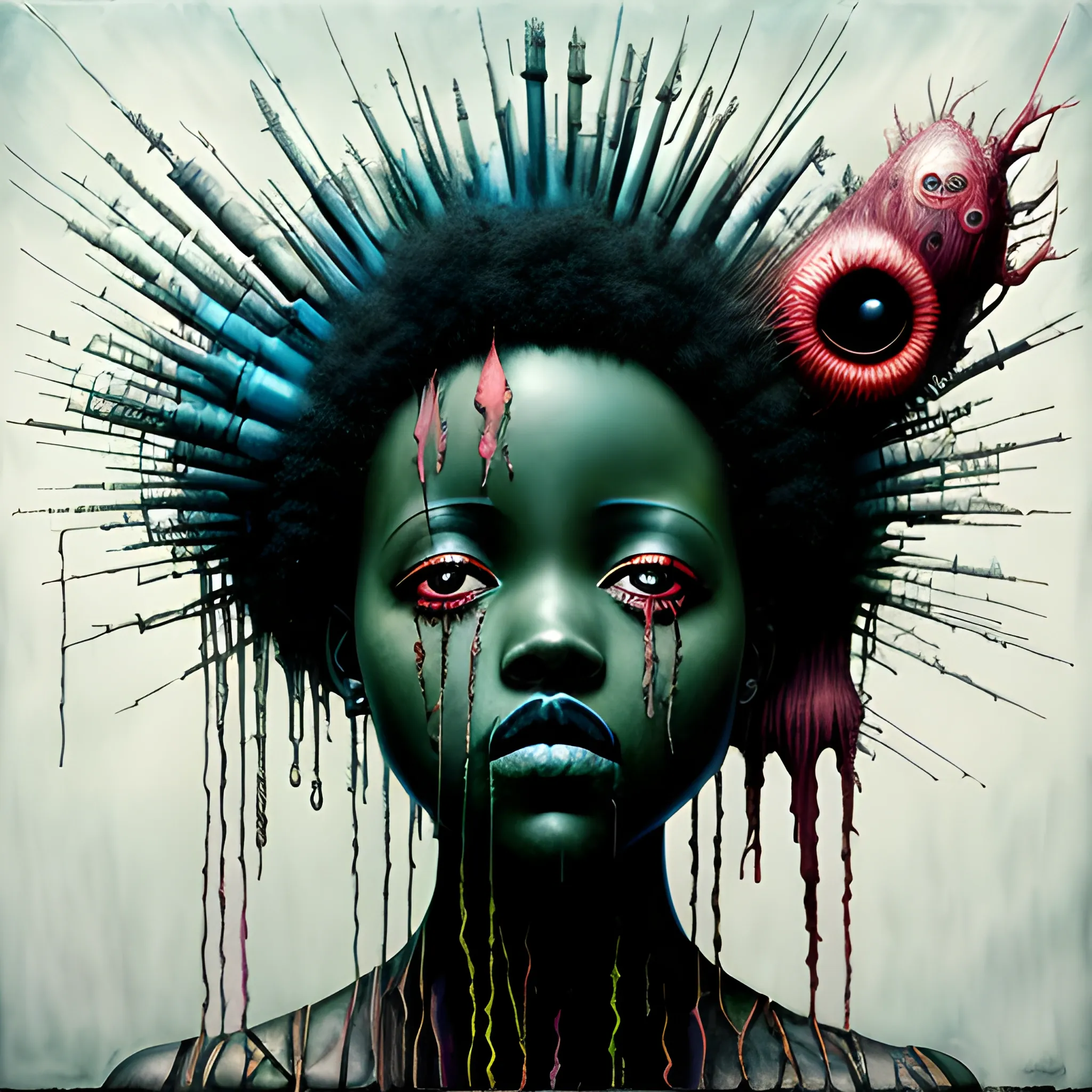  Masterpiece, scenic; Lupita Nyong'o; neon spray paint, acrylic paint, fantastical surrealist world, in the style of Stephen Gammell and Shawn Coss, extremely detailed, sick, gothic, eldritch