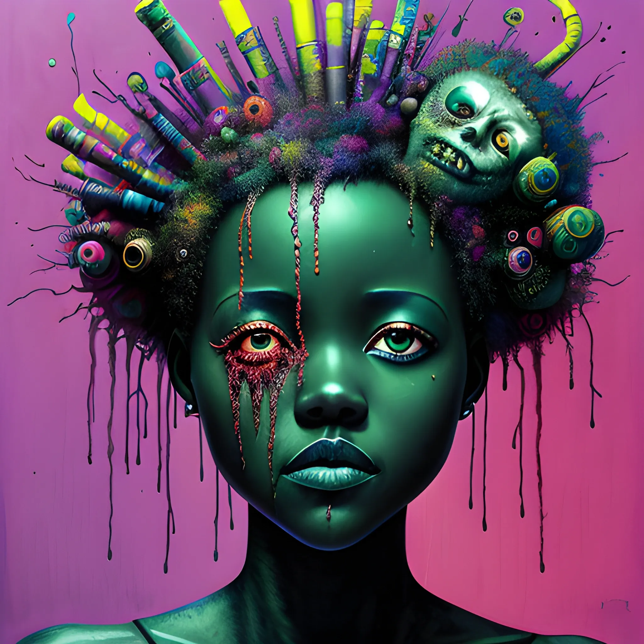  Masterpiece, scenic; Lupita Nyong'o; neon spray paint, acrylic paint, fantastical surrealist world, in the style of Stephen Gammell and Shawn Coss, extremely detailed, sick, gothic, eldritch