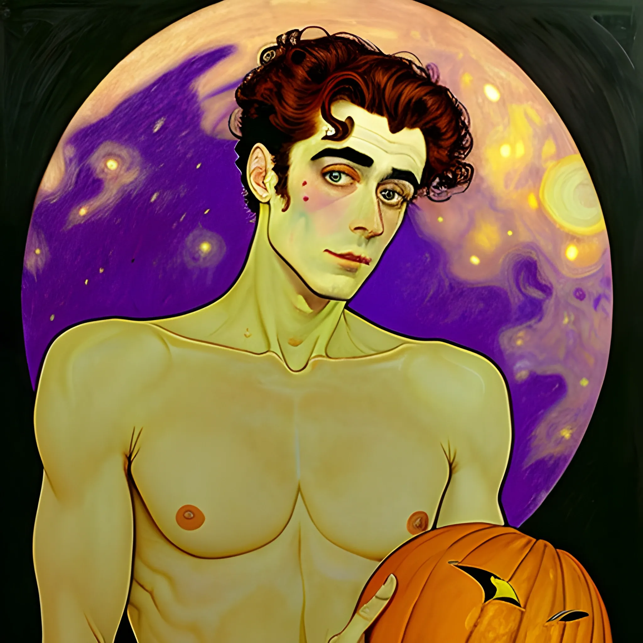 Painting of a handsome young delicate beautiful softly freckled man in his 20s with green eyes and long, curly red hair, at the giant jack o'lantern halloween party; pumpkins, perfect purple pumpkins, green skulls, orange bats, magic, candles, neon spray paint, acrylic paint, fantastical, elegant, stylized art, under a painted nebula sky, full moon; bats, pumpkins, spooky ambiance, Halloween Night art by alphonse mucha, vincent van gogh, egon schiele