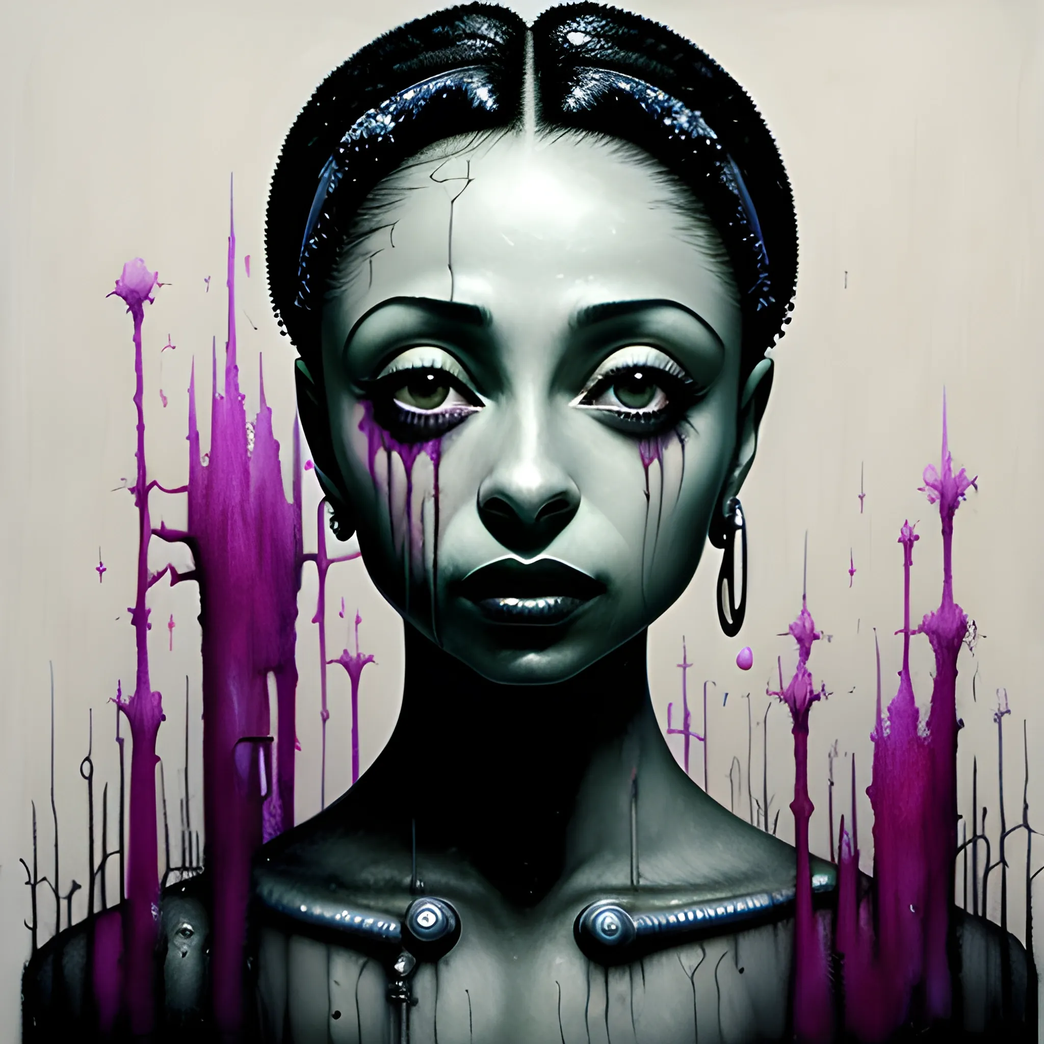  Masterpiece, scenic; Sade Adu; neon spray paint, acrylic paint, fantastical surrealist world, in the style of Stephen Gammell and Shawn Coss, extremely detailed, sick, gothic, eldritch