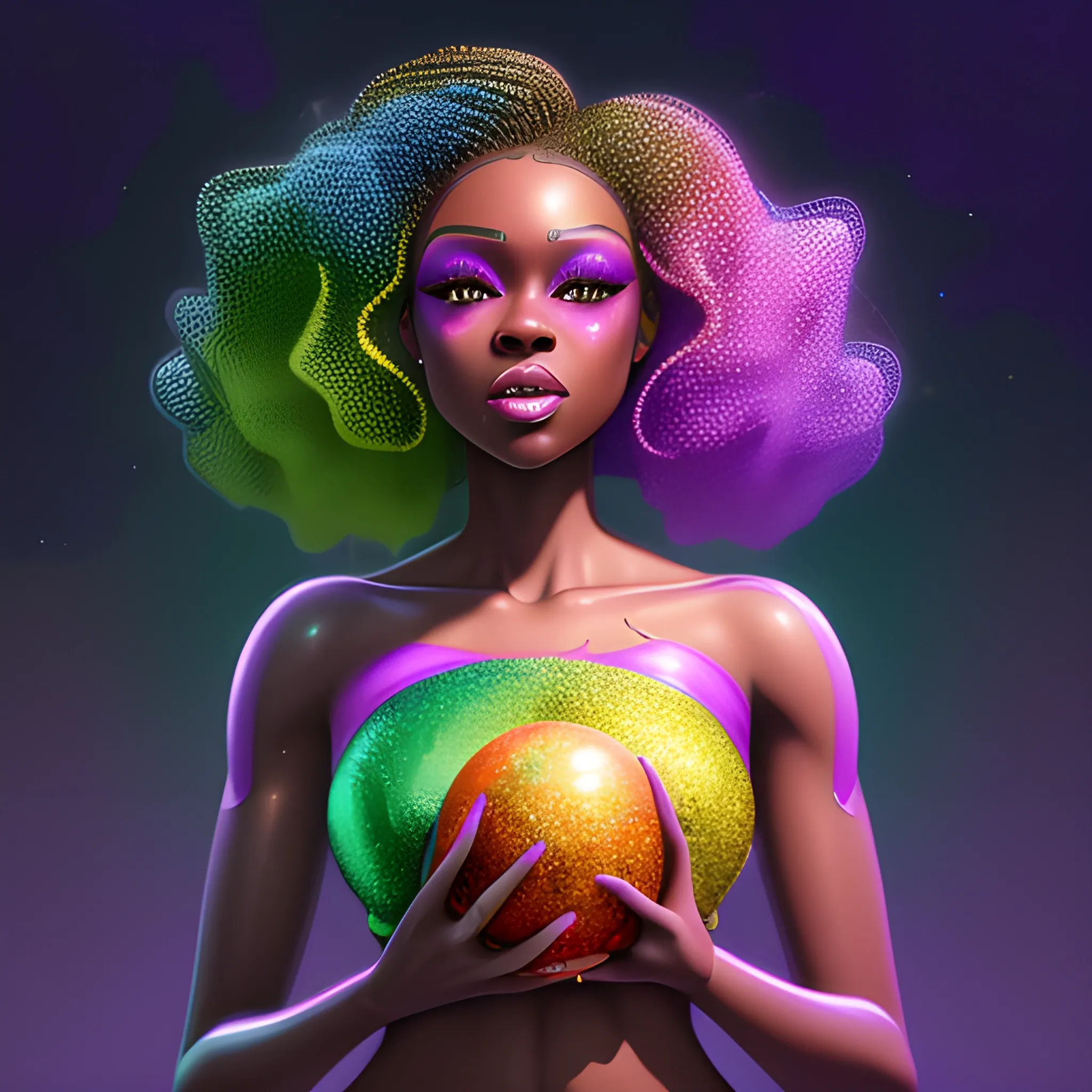 Charlotte Ayanna, perfect, anatomically correct perfect body, highly detailed beautiful face, green midriff dress, meticulously detailed multi-hued long dark curly hair, holding a purple ball in her hand; digital painting, smooth, sharp focus, colorful illustration, art by Lisa Frank, James R. Eads, artgerm and Maxfield Parrish; luminous color sparkles, glitter, neon, airbrush, Unreal Engine 5