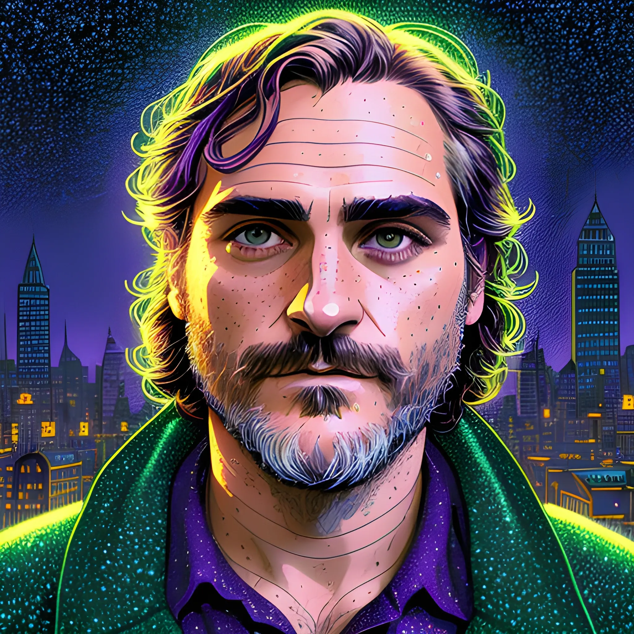 Joaquin Phoenix, his highly detailed, softly freckled handsome face, lavender-green eyes, meticulously detailed long dark hair; by James R. Eads, Fausto-Giurescu, Tania Rivilis, Dan Mumford; luminous colorful sparkles, glitter, airbrush, depth of field, volumetric lighting, downtown