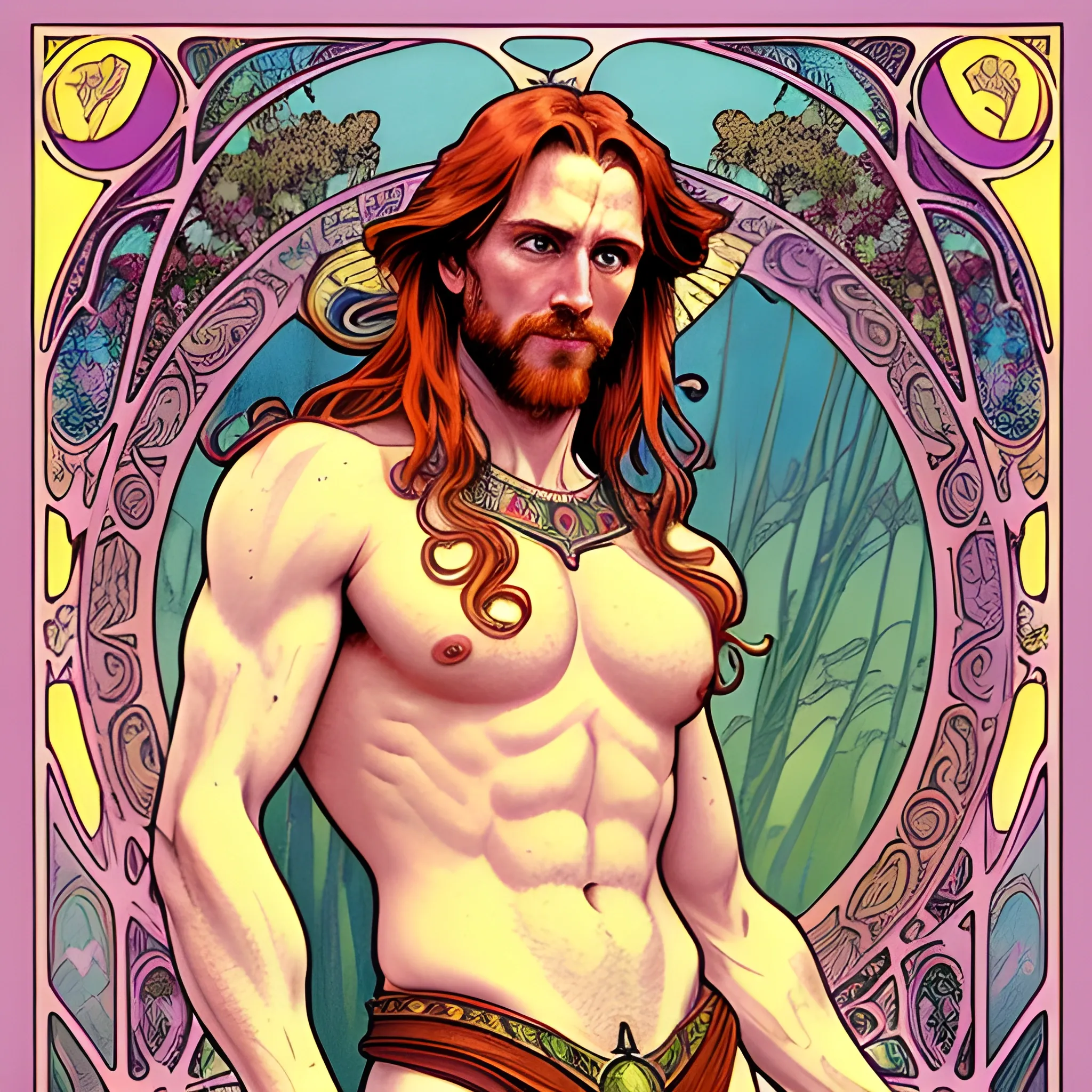 young Malachai of the Corn, his highly detailed, softly freckled handsome face, his clean, clear eyes, meticulously detailed, multi-hued, long red hair; hippie, pirate, he gazes far-away to the forest; pink, yellow, across a misty pastel-colored landscape, clouds; fantasy, Vintage Art, 8k resolution art Nouveau poster; Alphonse Mucha, Artgerm, WLOP, Illustration intricately detailed, trending on Artstation, Renaissance, triadic colors, Chromolithography Soft Shading