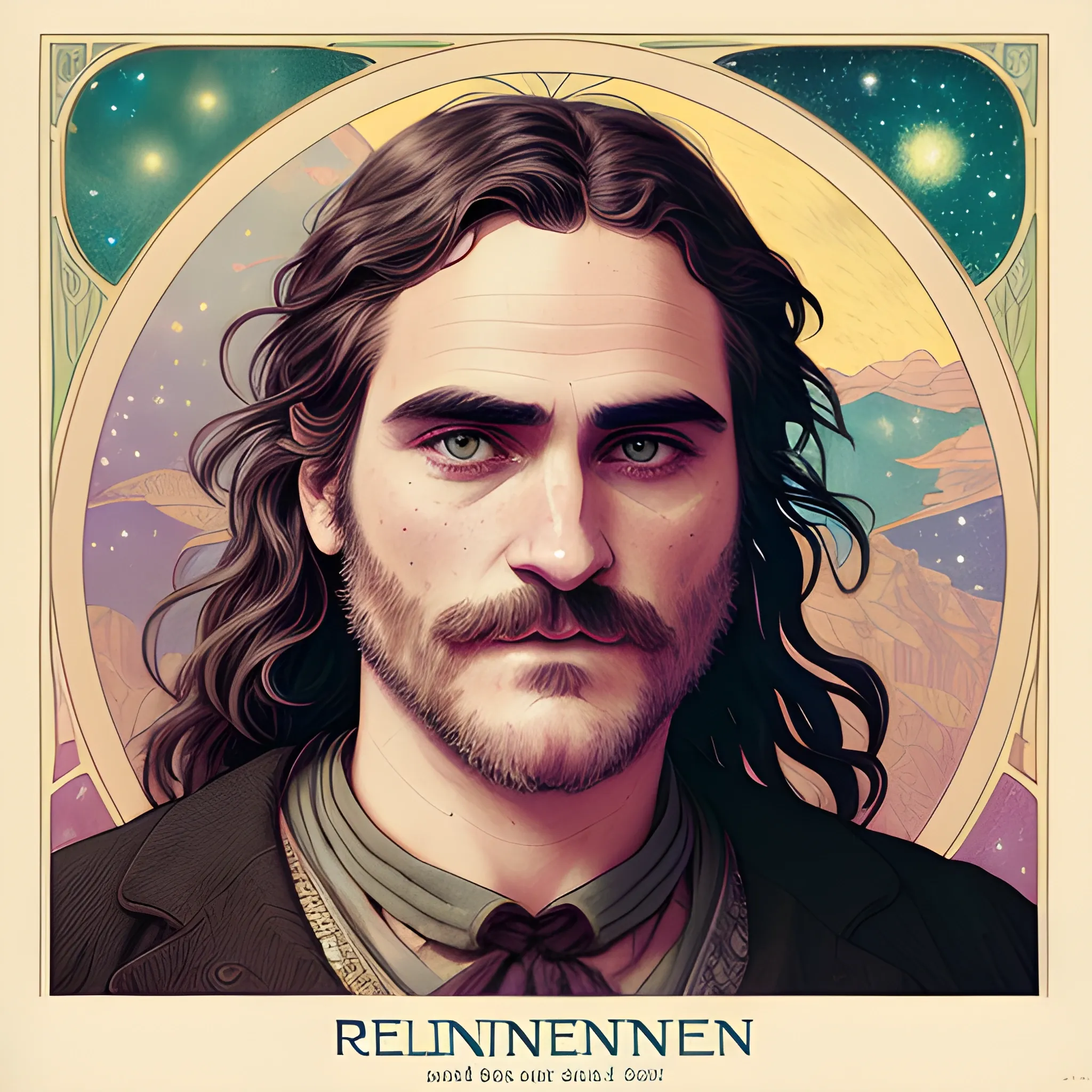 Joaquin Phoenix, his highly detailed, softly freckled handsome face, his clean, clear lavender-green eyes, meticulously detailed, multi-hued, long dark hair; hippie, fullmoon in a nebula sky, clouds; fantasy, Vintage Art, 8k resolution art Nouveau poster; Alphonse Mucha, Artgerm, WLOP, Illustration intricately detailed, trending on Artstation, Renaissance, triadic colors, Chromolithography Soft Shading