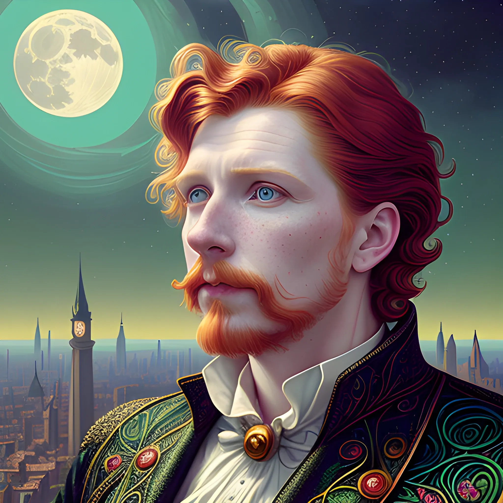 finely detailed eyes, male actor Courtney Gains, the man's hyperdetailed, softly freckled face, his clean, clear, detailed green eyes, meticulously detailed, multi-hued, long red hair; cityscape, full smooth moon in a nebula sky, clouds; fantasy, Vintage Art, 16k resolution art Nouveau poster; Alphonse Mucha, WLOP, Illustration intricately detailed, Renaissance, Chromolithography Soft Shading; ethereal fantasy maximalist matte painting. Catherine Abel, and James R. Eads, realistic oil painting. Victorian era, glitter, old fashioned, vintage, antique, renaissance, gothic, eldritch, highly intricate, sophisticated and complex digital painting, concept art, hyperrealism, Cinema 4D, 8k resolution, 64 megapixels, CGSociety, ZBrushCentral, behance HD, hypermaximalist, male, man