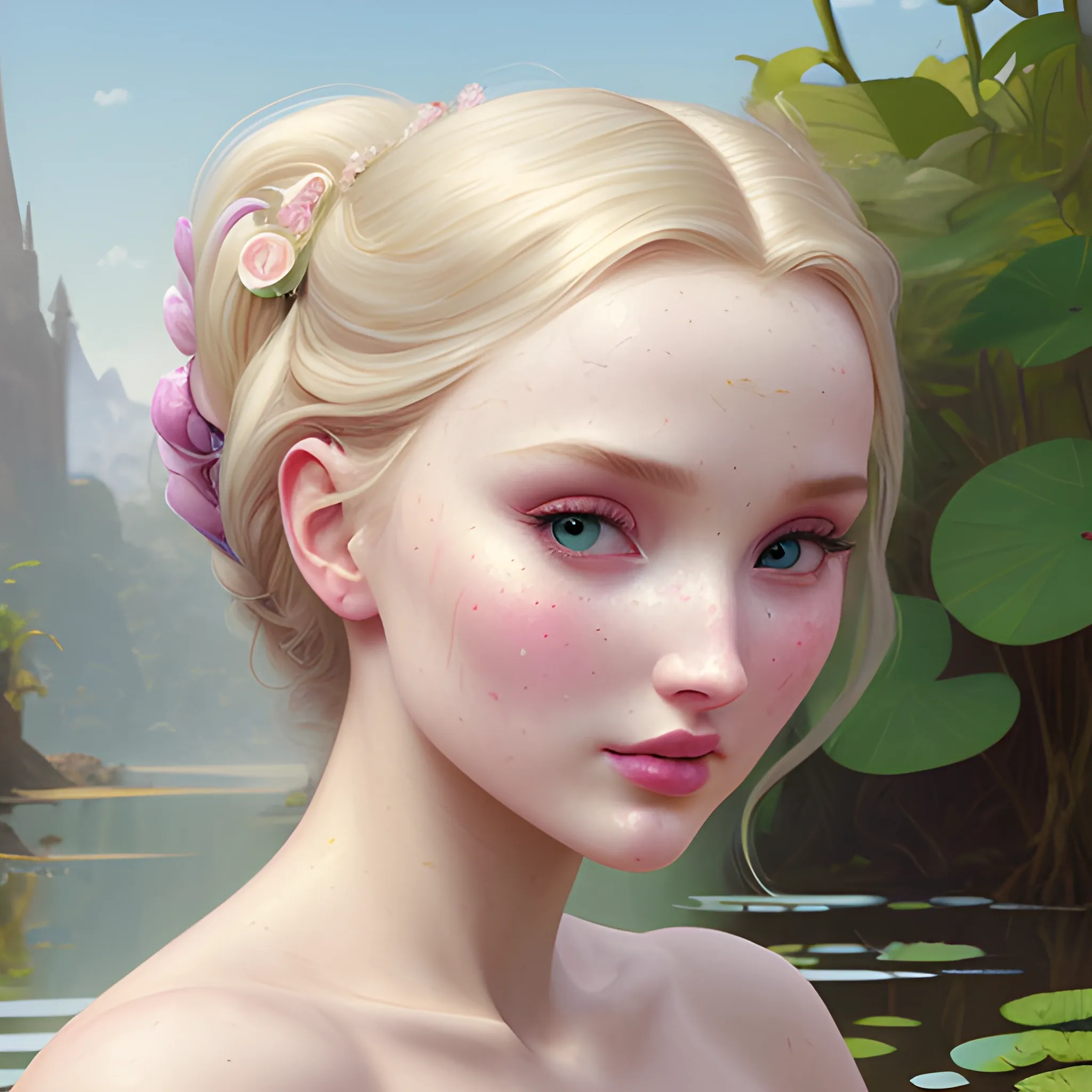 Elsa Hosk / Dove Cameron face morph; beautiful twins at a lotus pond; highly detailed beautiful faces; glitter, renaissance; high contrast, pastel, sorbet, pearlescent, Unreal Engine 5; by Dan Parent, Alphonse Mucha, Artgerm, WLOP, intricately detailed, fantasy, bizarre, beautiful, Chromolithography, Soft Shading, Unreal Engine; digital painting, smooth, sharp focus, illustration, art by lisa frank, Steve Goad, Frank Frazetta, William-Adolphe Bouguereau, Unreal Engine 5, Cartoon, 3D, Oil Painting