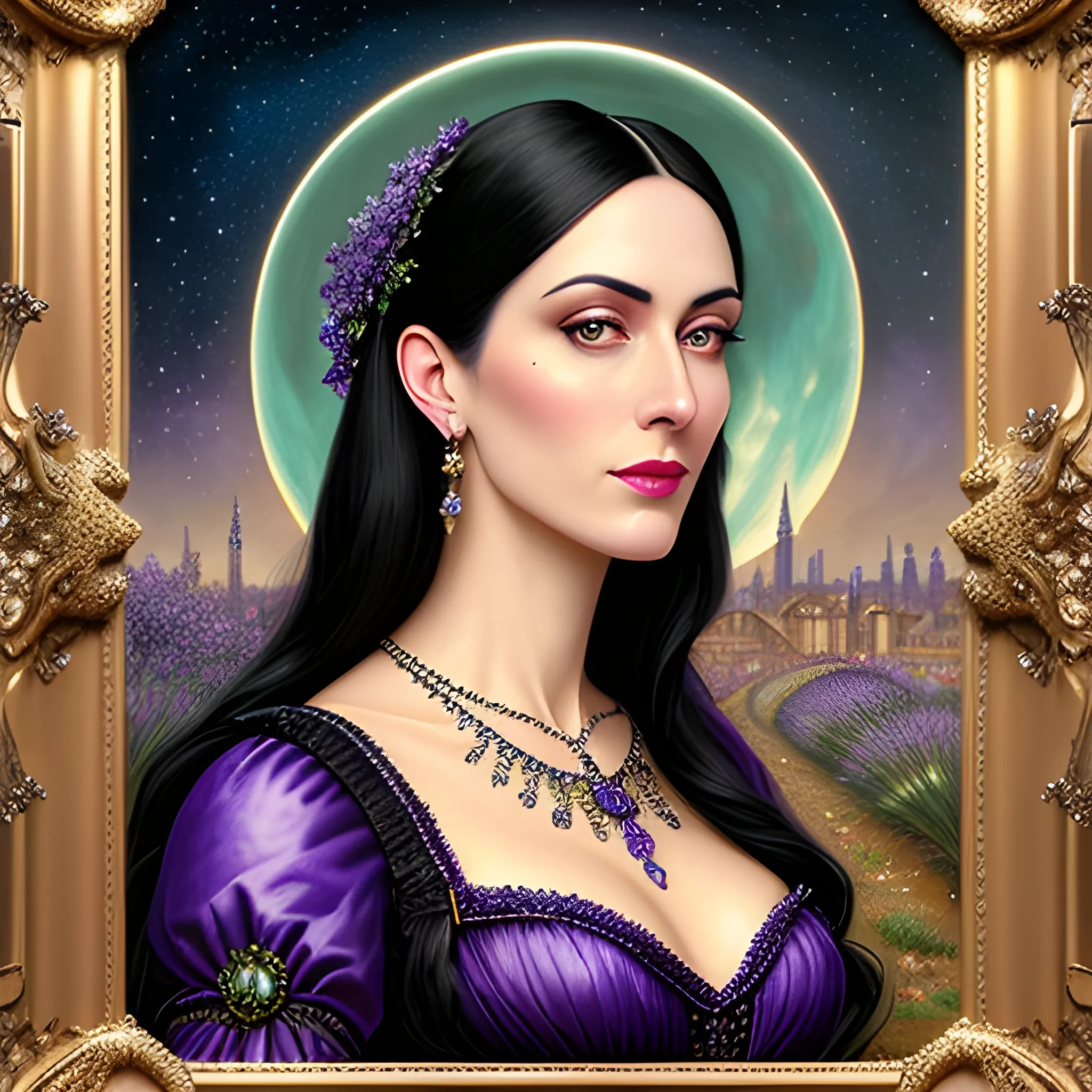 Lilac Princess, beautiful woman wears a lavender sequined dress. She has long, sleek black hair, and stands in front of lilac bushes. Her features are symmetrical, lovely, and anatomically correct. She wears amethyst jewelry. Lips are soft, in a slight smile; behind her a cityscape, and full smooth moon in a nebula sky, clouds; fantasy, Vintage Art, 16k resolution, intricately detailed, Renaissance, Chromolithography Soft Shading; ethereal fantasy, realistic oil painting. Victorian era, glitter, old fashioned, vintage, antique, renaissance, gothic, eldritch, highly intricate, sophisticated and complex digital painting, concept art, hyperrealism, Cinema 4D, 8k resolution, 64 megapixels, CGSociety, ZBrushCentral, behance HD, hypermaximalist, parallax
