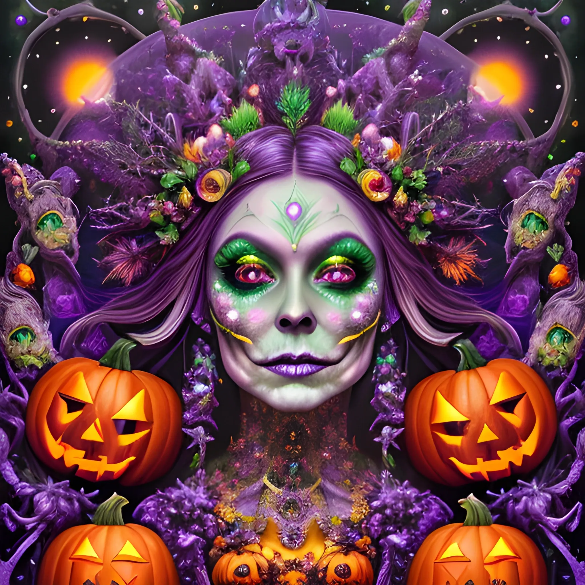  hyperdetailed oil on canvas, a beautiful Halloween Witch, detailed face; orange, green, purple, sparkle fairy dust, glitter, neon grape purple pumpkins, green skulls, orange bats, meticulously detailed; magic, surrounded by luminous color sparkles and marijuana plants, outdoors, starry night, full moon in a psychedelic nebula sky