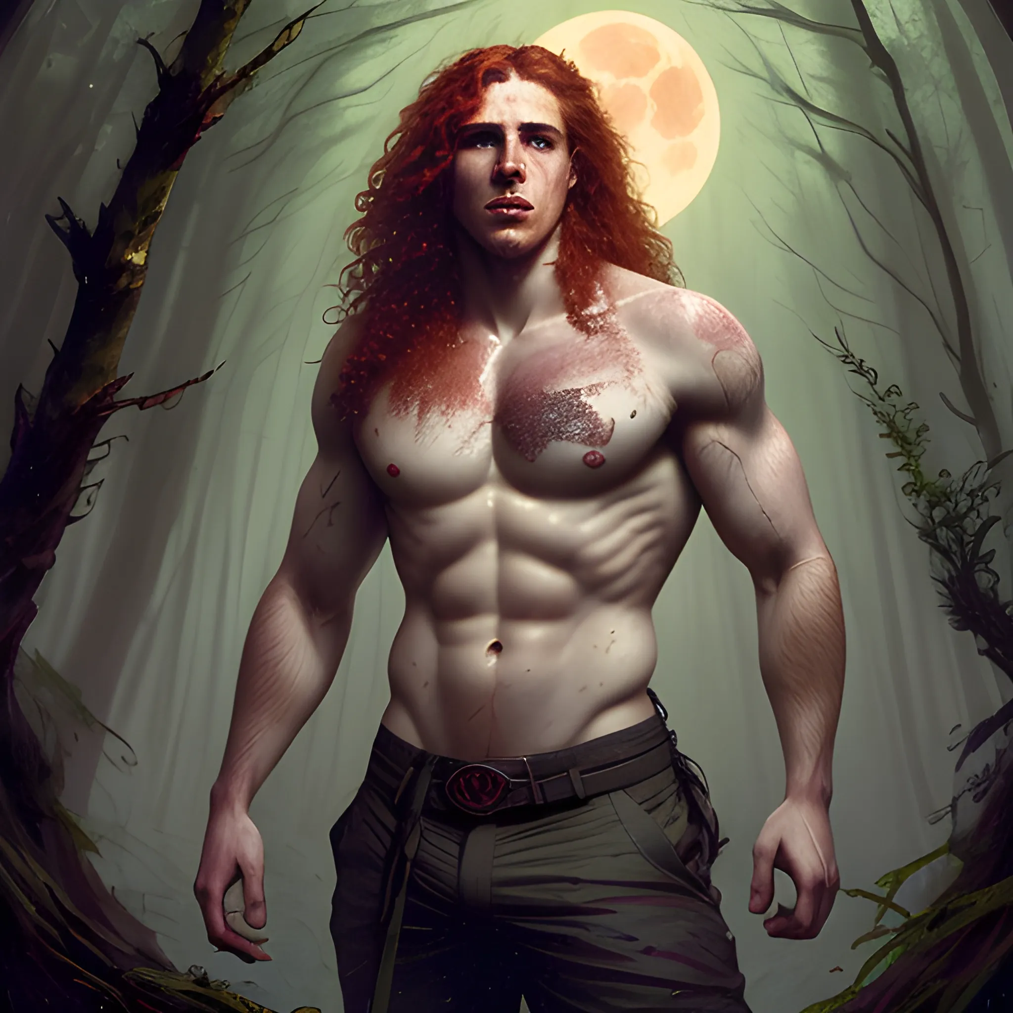 Attractive male, long red curly hair, chiseled, handsome, freckles, perfect face, hyperdetailed eyes and an athletic, masculine body, under a painted neblua sky, full moon; deep forest, spooky ambiance, by gaston bussiere, craig mullins, j. c. leyendecker