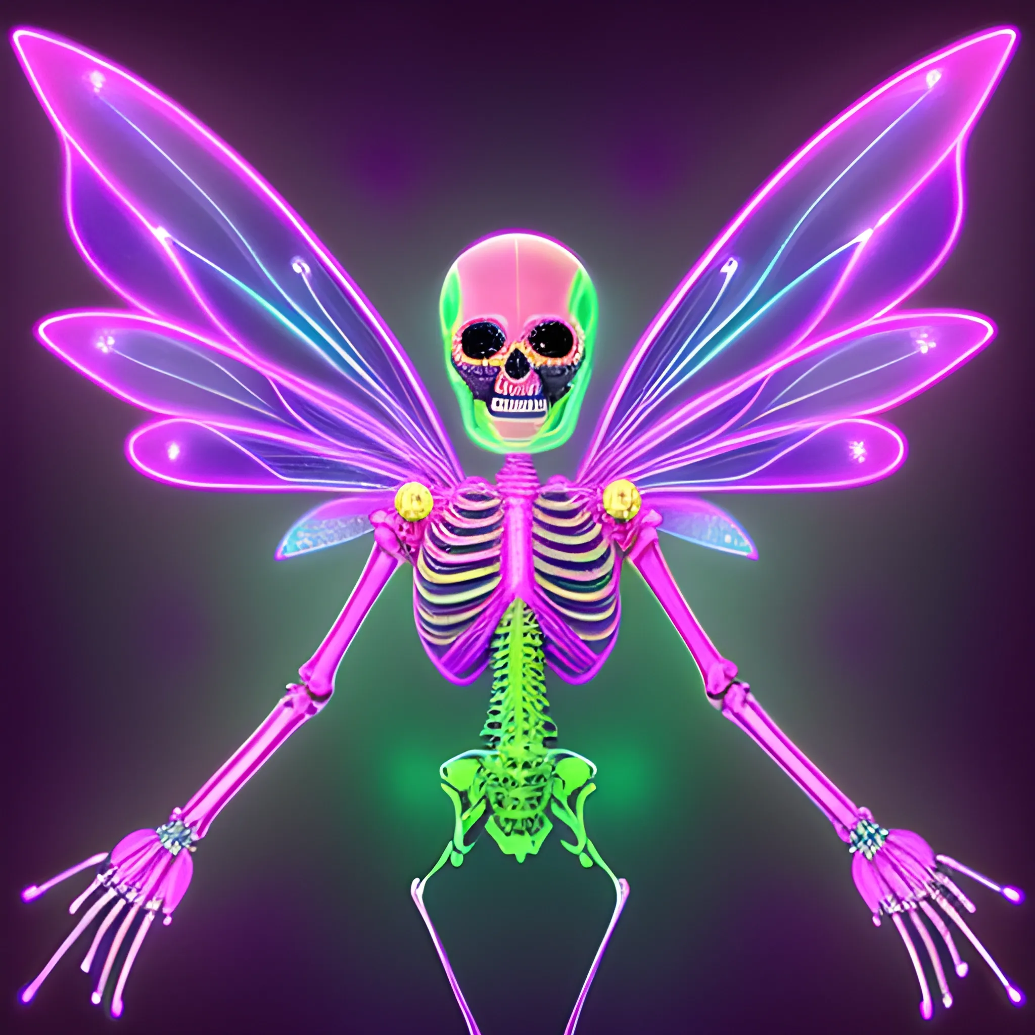 a beautiful full-body skeleton with skull head with glowing eyes, iridescent, geometric, fractal, glow anaglyph effect symmetrical fairy wings, dynamic lighting, bioluminescent neon, colorful sparkles, magic, intricate hyperdetailed skeleton, hot pink, neon grape purple, dayglo orange, chartreuse green