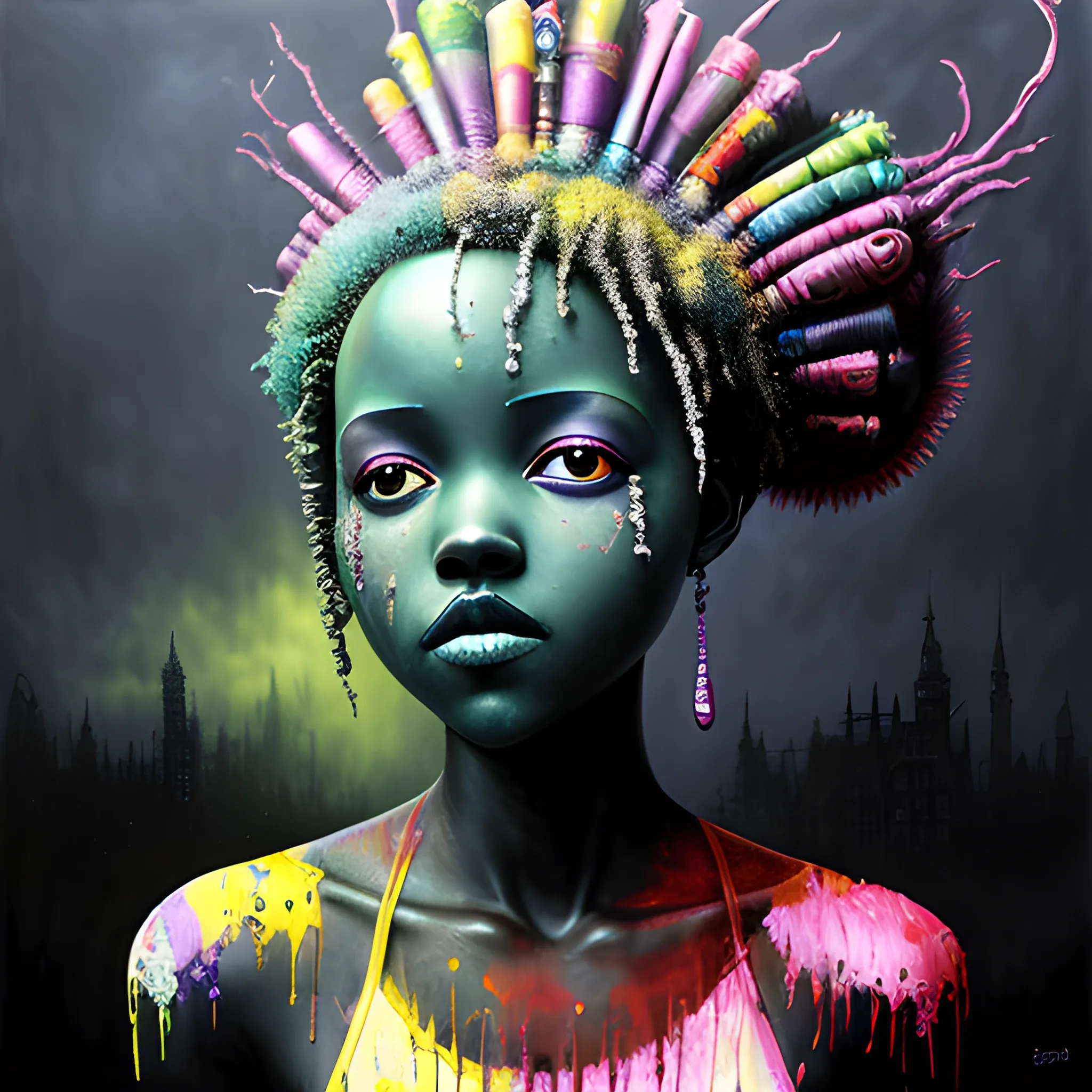  Masterpiece, scenic; Lupita Nyong'o; neon spray paint, acrylic paint, fantastical surrealist world, in the style of Stephen Gammell and Shawn Coss, extremely detailed, sick, gothic, eldritch