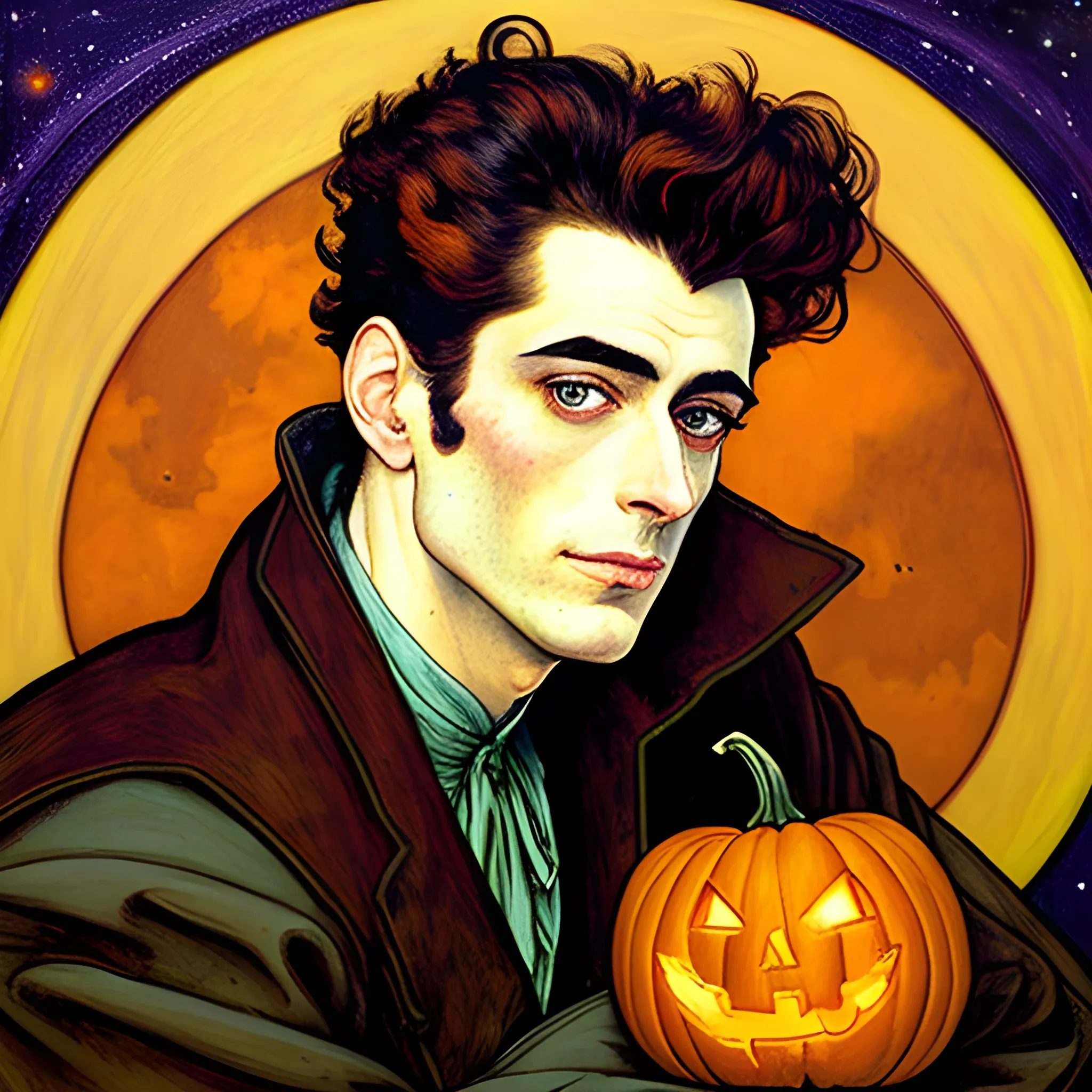 Painting of a handsome young delicate beautiful softly freckled man in his 20s with green eyes and long, curly red hair, at the giant jack o'lantern halloween party; pumpkins, perfect purple pumpkins, green skulls, orange bats, magic, candles, neon spray paint, acrylic paint, fantastical, elegant, stylized art, under a painted nebula sky, full moon; bats, pumpkins, spooky ambiance, Halloween Night art by alphonse mucha, vincent van gogh, egon schiele