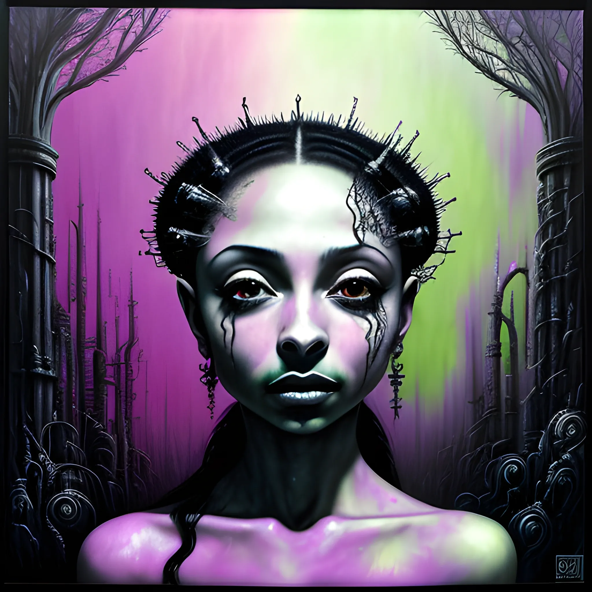  Masterpiece, scenic; Sade Adu; neon spray paint, acrylic paint, fantastical surrealist world, in the style of Stephen Gammell and Shawn Coss, extremely detailed, sick, gothic, eldritch