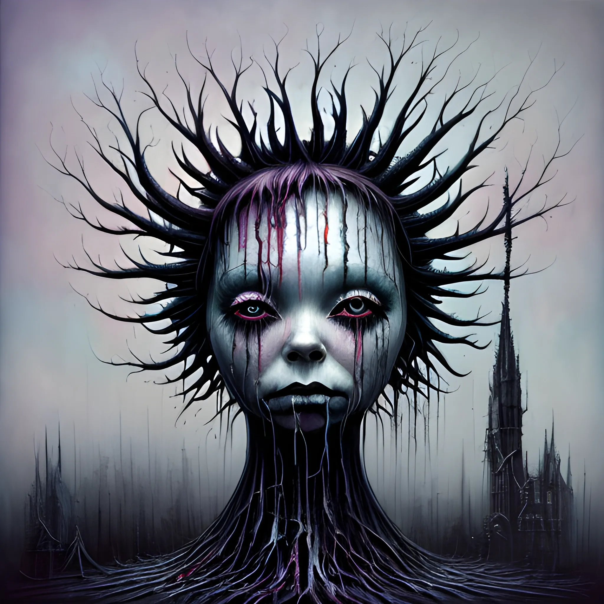  Masterpiece, scenic; Bjork; neon spray paint, acrylic paint, fantastical surrealist world, in the style of Stephen Gammell and Shawn Coss, extremely detailed, sick, gothic, eldritch