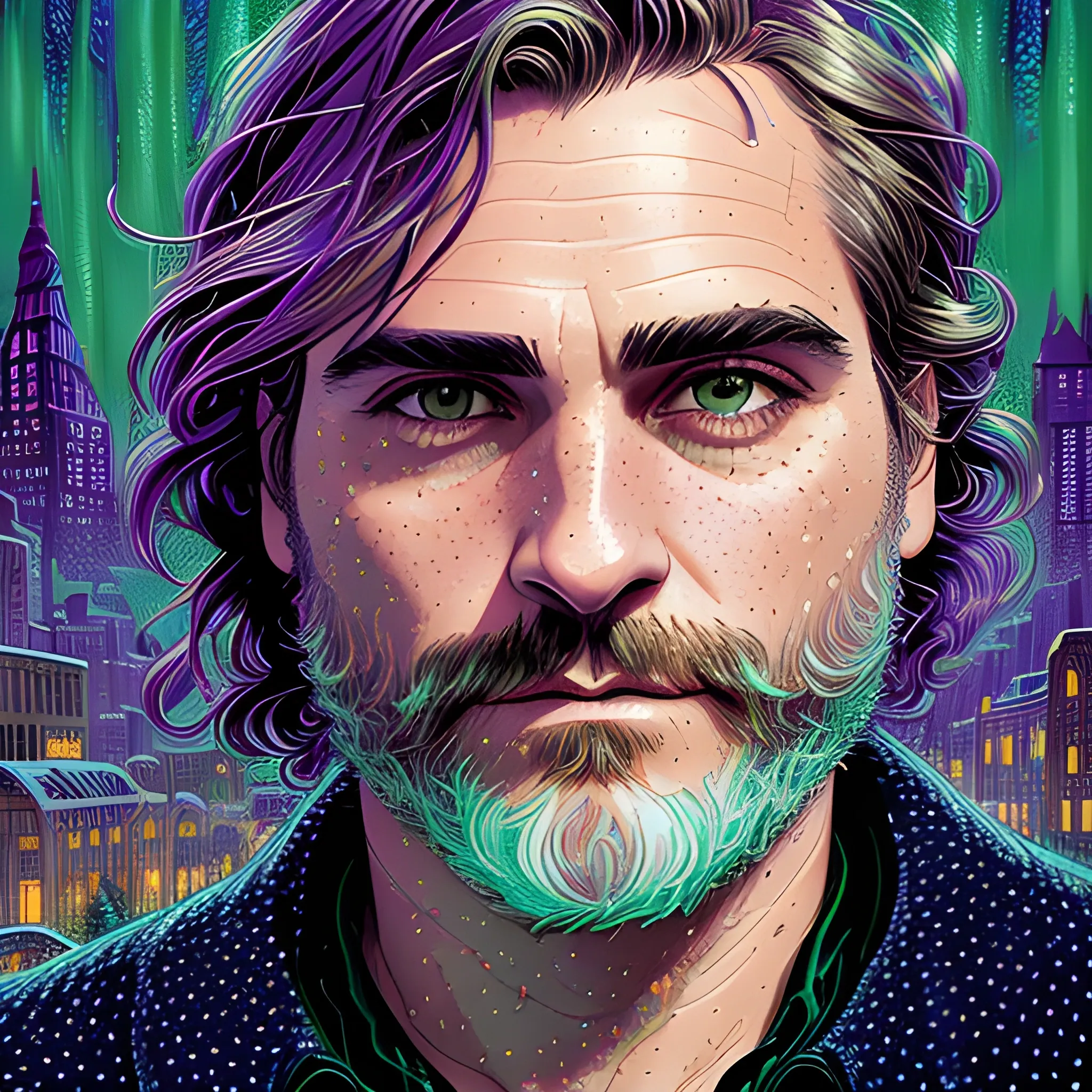 Joaquin Phoenix, his highly detailed, softly freckled handsome face, lavender-green eyes, meticulously detailed long dark hair; by James R. Eads, Fausto-Giurescu, Tania Rivilis, Dan Mumford; luminous colorful sparkles, glitter, airbrush, depth of field, volumetric lighting, downtown