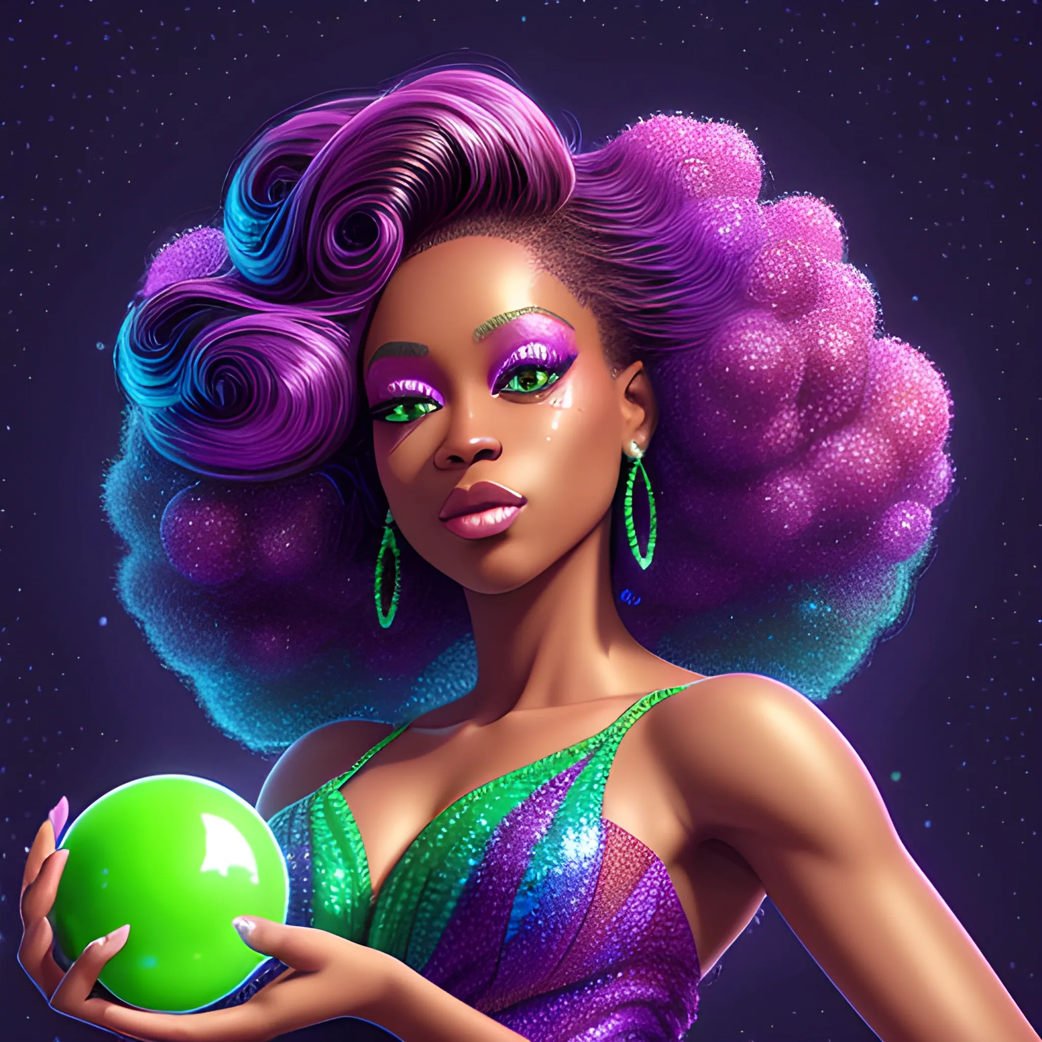 Charlotte Ayanna, perfect, anatomically correct perfect body, highly detailed beautiful face, green midriff dress, meticulously detailed multi-hued long dark curly hair, holding a purple ball in her hand; digital painting, smooth, sharp focus, colorful illustration, art by Lisa Frank, James R. Eads, artgerm and Maxfield Parrish; luminous color sparkles, glitter, neon, airbrush, Unreal Engine 5