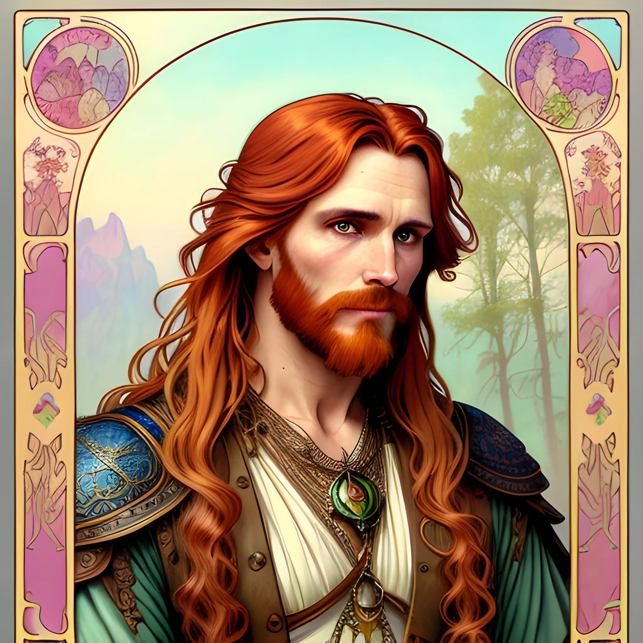 young Malachai of the Corn, his highly detailed, softly freckled handsome face, his clean, clear eyes, meticulously detailed, multi-hued, long red hair; hippie, pirate, he gazes far-away to the forest; pink, yellow, across a misty pastel-colored landscape, clouds; fantasy, Vintage Art, 8k resolution art Nouveau poster; Alphonse Mucha, Artgerm, WLOP, Illustration intricately detailed, trending on Artstation, Renaissance, triadic colors, Chromolithography Soft Shading