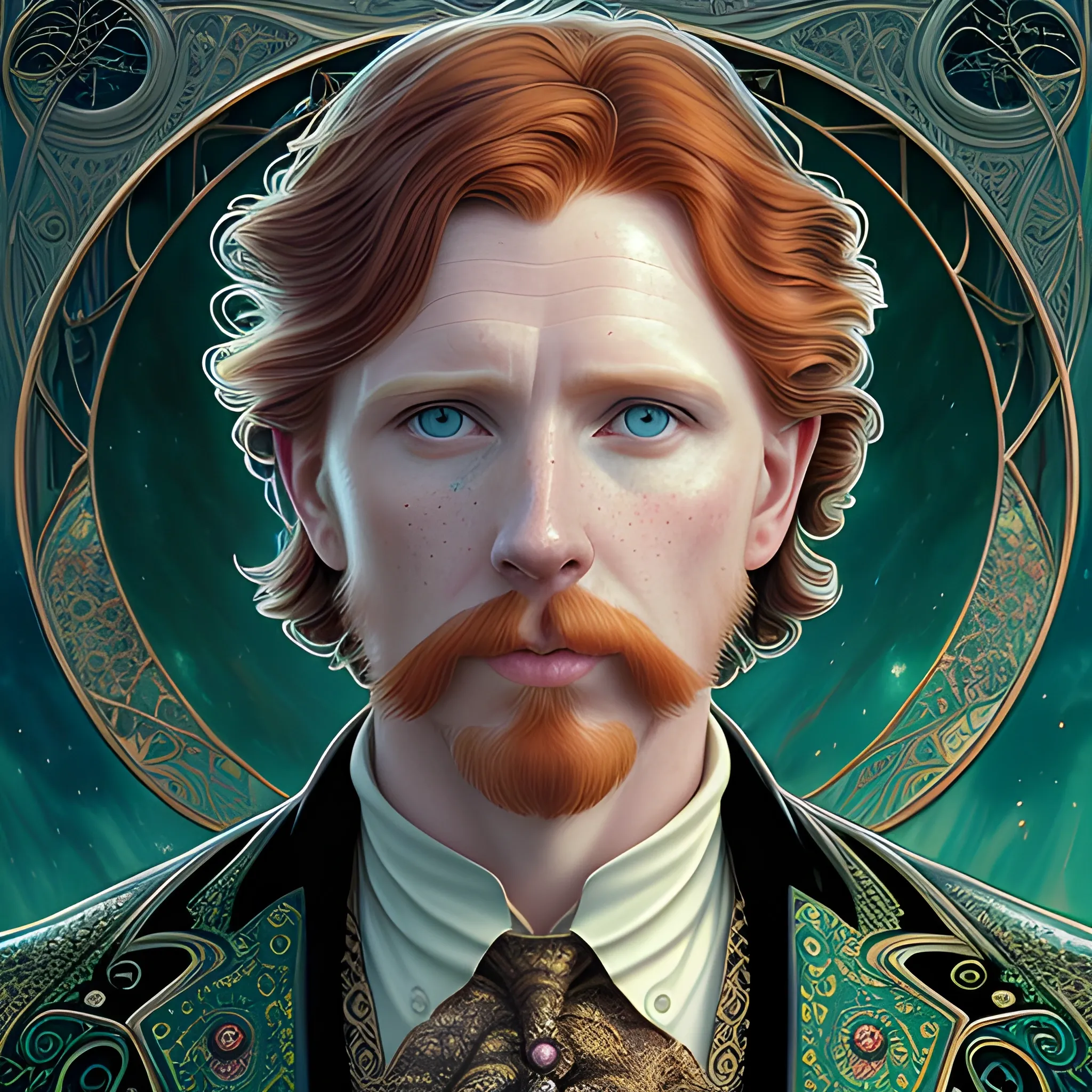 finely detailed eyes, male actor Courtney Gains, the man's hyperdetailed, softly freckled face, his clean, clear, detailed green eyes, meticulously detailed, multi-hued, long red hair; cityscape, full smooth moon in a nebula sky, clouds; fantasy, Vintage Art, 16k resolution art Nouveau poster; Alphonse Mucha, WLOP, Illustration intricately detailed, Renaissance, Chromolithography Soft Shading; ethereal fantasy maximalist matte painting. Catherine Abel, and James R. Eads, realistic oil painting. Victorian era, glitter, old fashioned, vintage, antique, renaissance, gothic, eldritch, highly intricate, sophisticated and complex digital painting, concept art, hyperrealism, Cinema 4D, 8k resolution, 64 megapixels, CGSociety, ZBrushCentral, behance HD, hypermaximalist, male, man