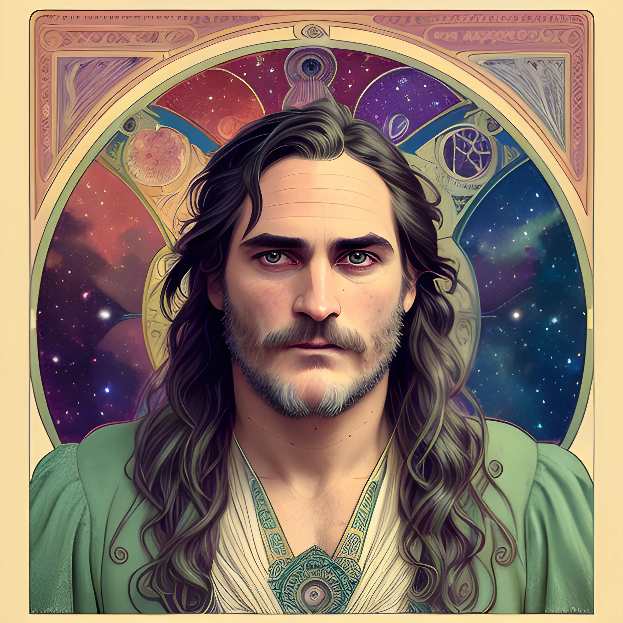 Joaquin Phoenix, his highly detailed, softly freckled handsome face, his clean, clear lavender-green eyes, meticulously detailed, multi-hued, long dark hair; hippie, fullmoon in a nebula sky, clouds; fantasy, Vintage Art, 8k resolution art Nouveau poster; Alphonse Mucha, Artgerm, WLOP, Illustration intricately detailed, trending on Artstation, Renaissance, triadic colors, Chromolithography Soft Shading